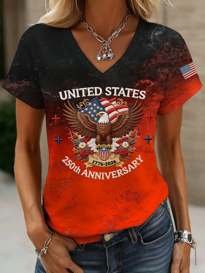 Women's American 250th Anniversary Shirt V-Neck Bald Eagle Print Independence Day Gift - Tradiviet