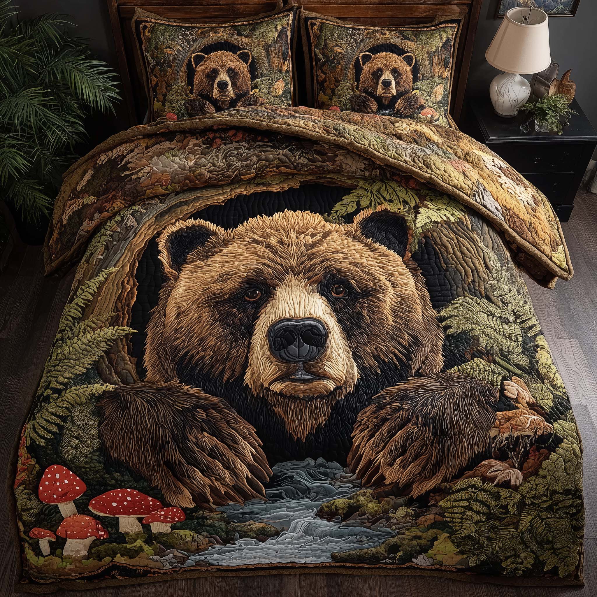 Woodland Bear Quilted Bedding Set Bed Room Decoration Bear Gifts For Him Her - Tradiviet