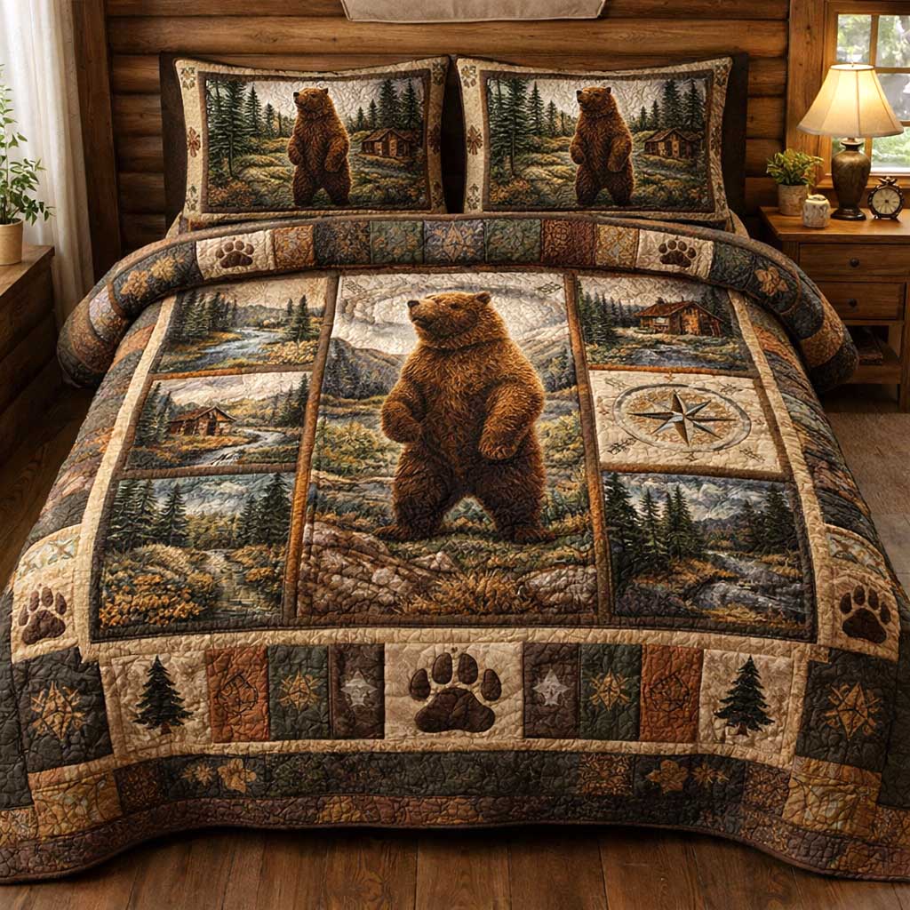 Woodland Bear Quilted Bedding Set Holiday Bedroom Decor Bear Gifts For Him - Tradiviet