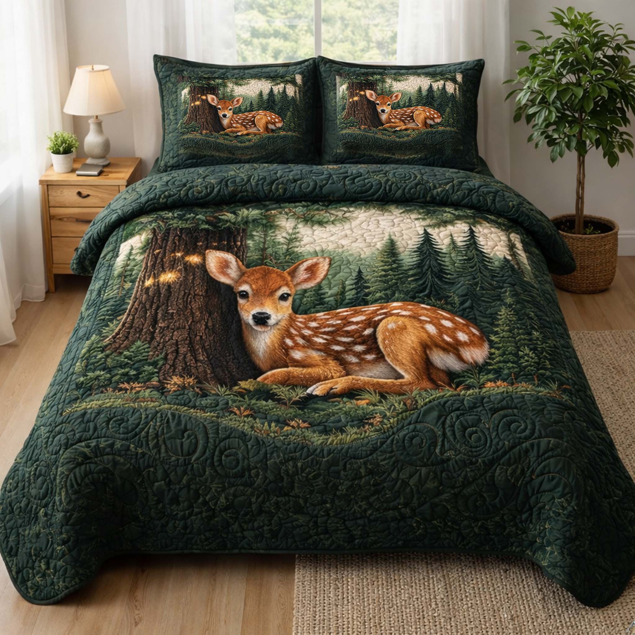 Woodland Fawn Quilted Bedding Set Bohemian Bedroom Furniture Gift For Wildlife Fans - Tradiviet