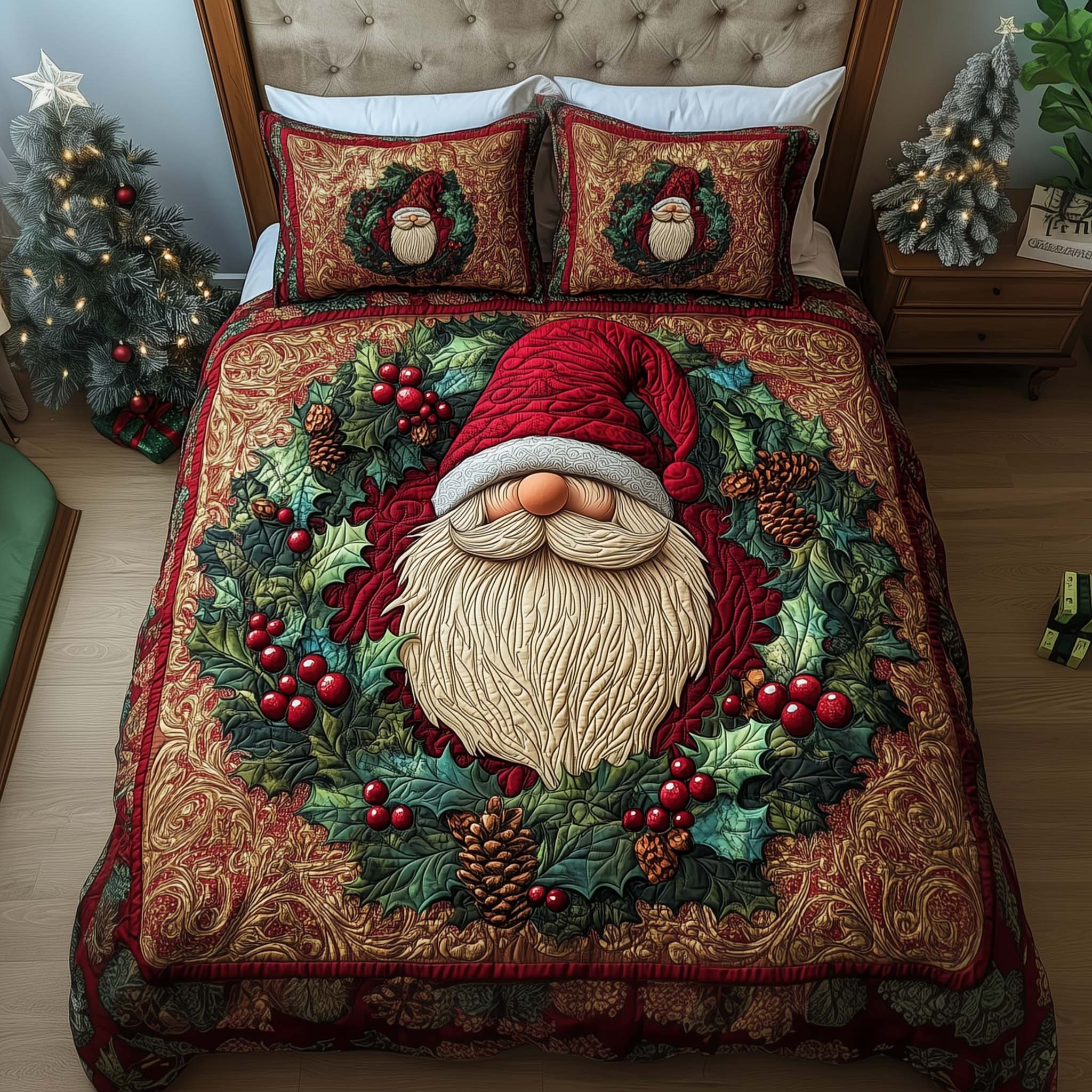 Wreath Gnome Quilted Bedding Set Holiday Decorations Best Gnome Gifts - Tradiviet