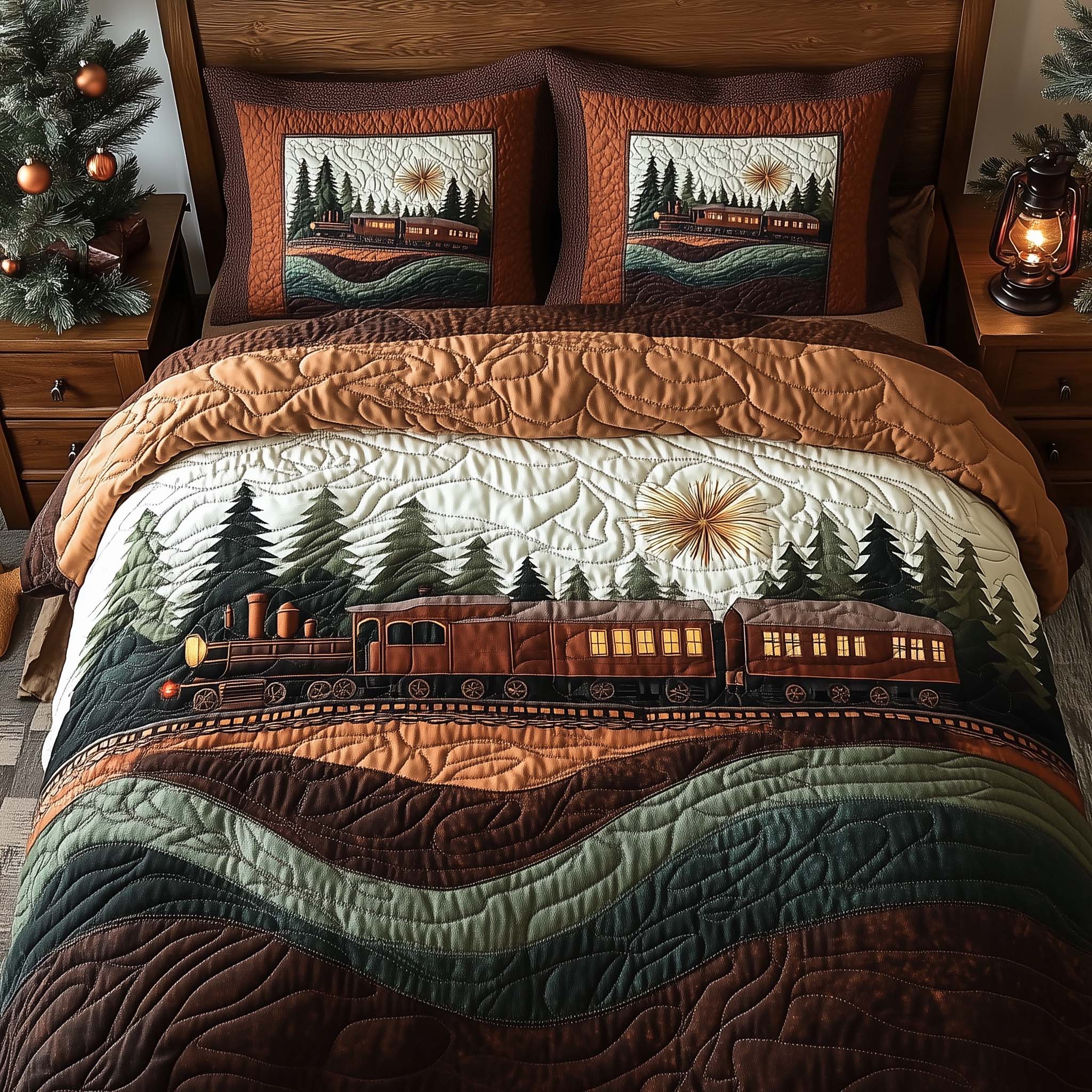 Yuletide Express Quilted Bedding Set Holiday Home Decor Gift For Holiday Enthusiasts - Tradiviet
