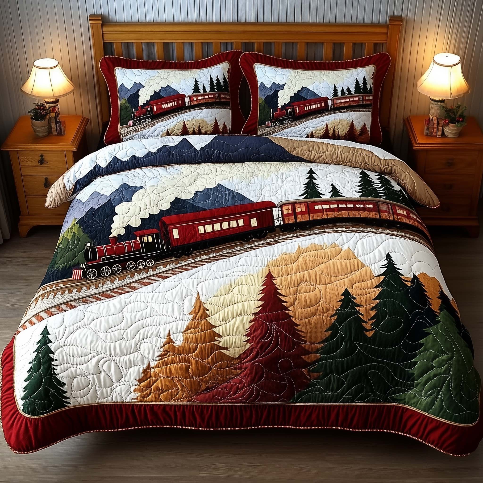 Yuletide Express Quilted Bedding Set Holiday Home Decor Ideas Gift For Winter Wonderland Lovers - Tradiviet