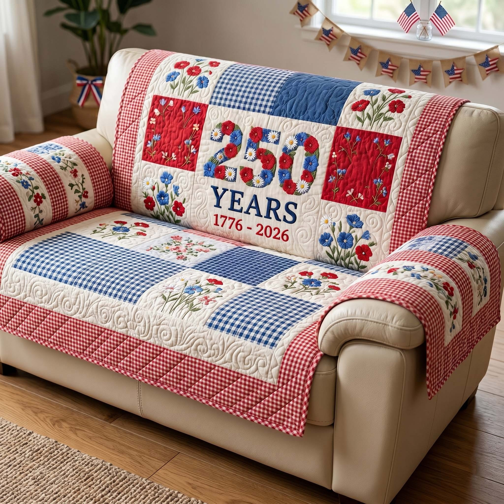 250 Years Floral Quilted Sofa Cover Living Room Recoration Merch Patriotic Gifts - Tradiviet