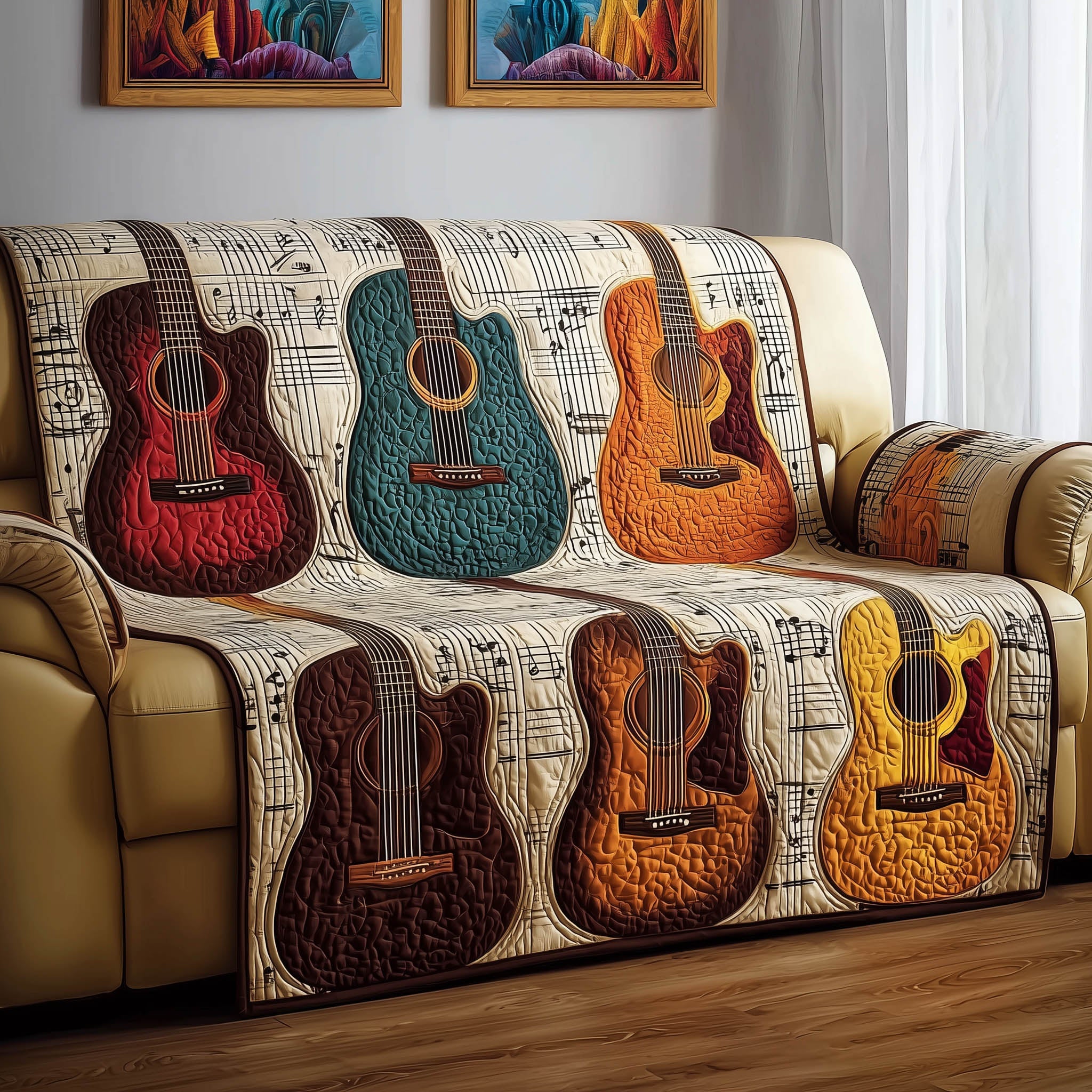 Acoustic Guitar Quilted Sofa Cover Artistic Home Couch Cover Gift For New Homeowners - Tradiviet
