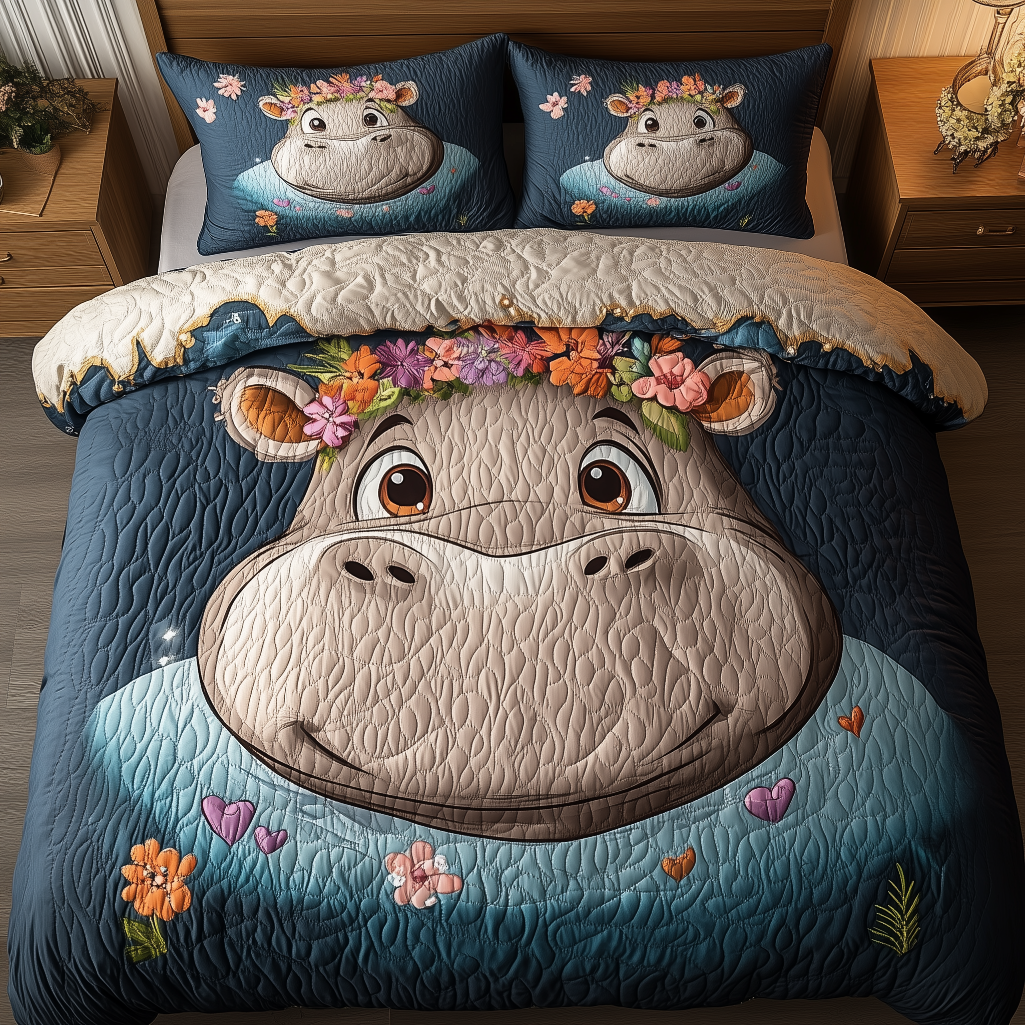 Adorable Hippo Swimming Quilted Bedding Set Adorable Hippo Beauty Gift For Adorable - Tradiviet