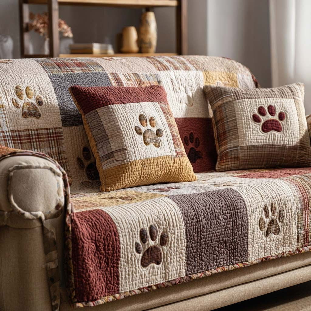Adorable Paw Quilted Sofa Cover Rustic Patchwork Couch Cover Christmas Gifts For Pet Lovers - Tradiviet