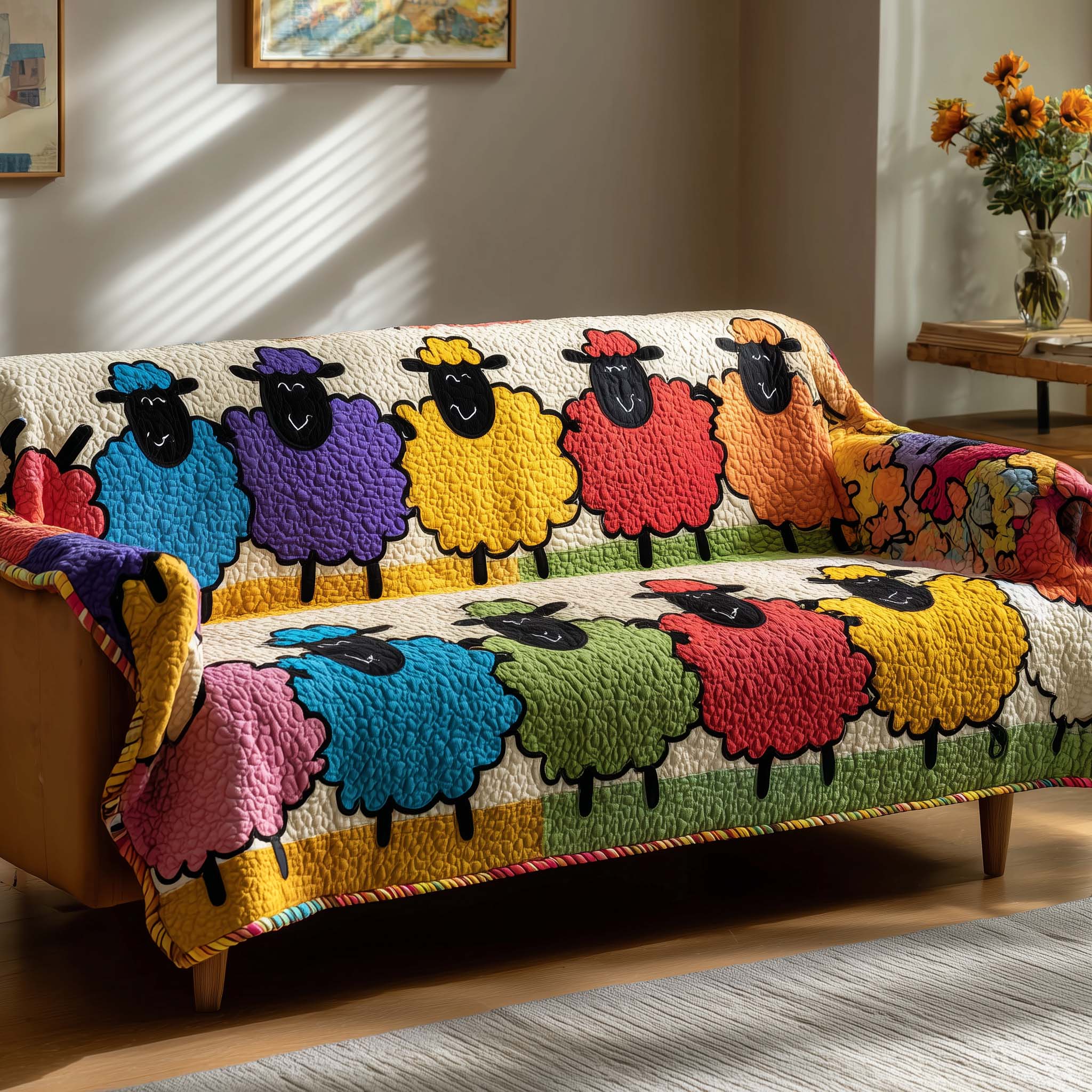 Adorable Sheep Quilted Sofa Cover Farmhouse Home Couch Cover Gift For New Homeowners - Tradiviet