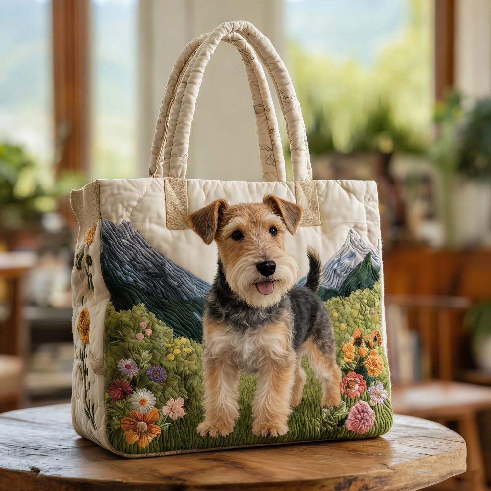 Airedale Terrier Quilted Tote Bag Spring Floral Cute Animal Totes Gifts For Dog Lovers - Tradiviet
