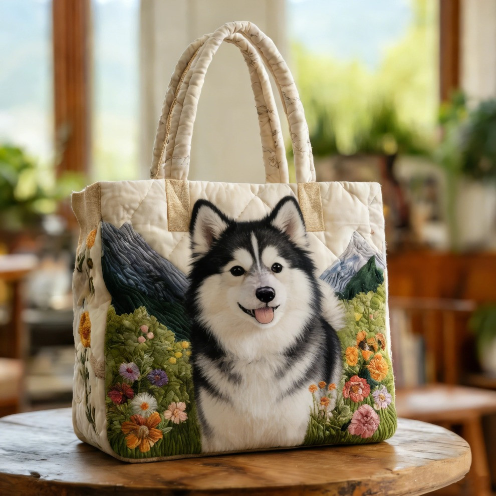 Alaskan Malamute Quilted Tote Bag Cute Animal Floral Totes Gifts Ideas For Dog Lovers - Tradiviet