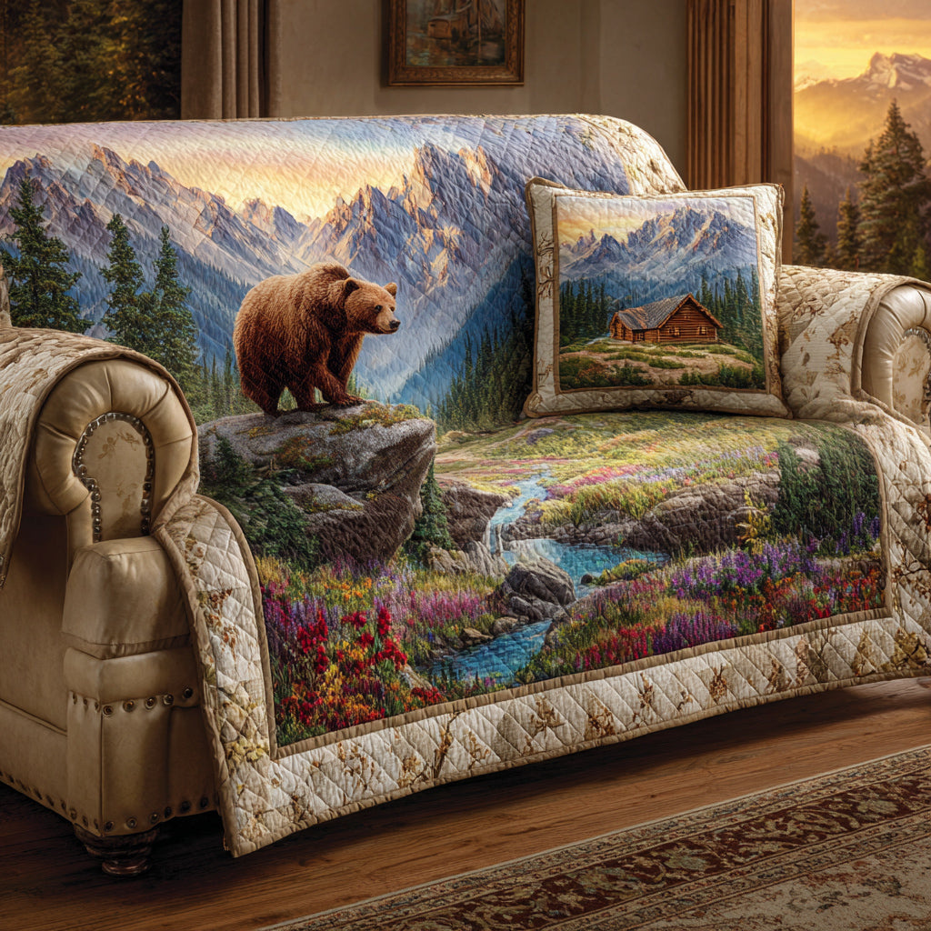 Alpine Bear Quilted Sofa Cover Boho Room Decor Handmade Bear Lover Gifts - Tradiviet