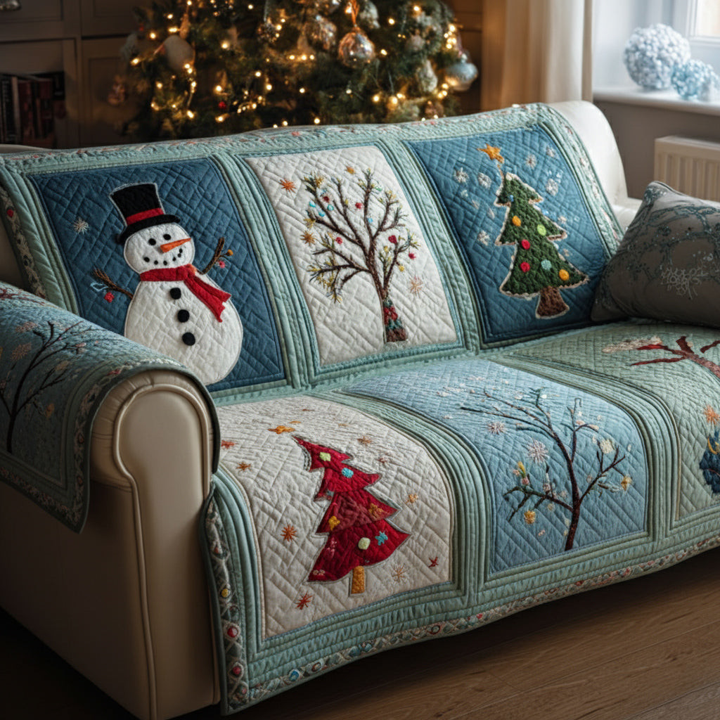 Alpine Snowman Trees Quilted Sofa Cover Christmas Couch Decor Best Christmas Gifts For Women - Tradiviet