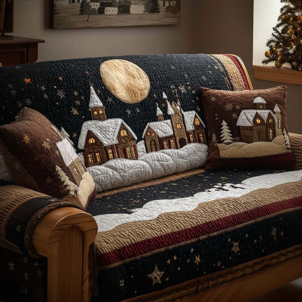 Alpine Village Quilted Sofa Cover Christmas Living Room Decor Secret Santa Gift Ideas - Tradiviet