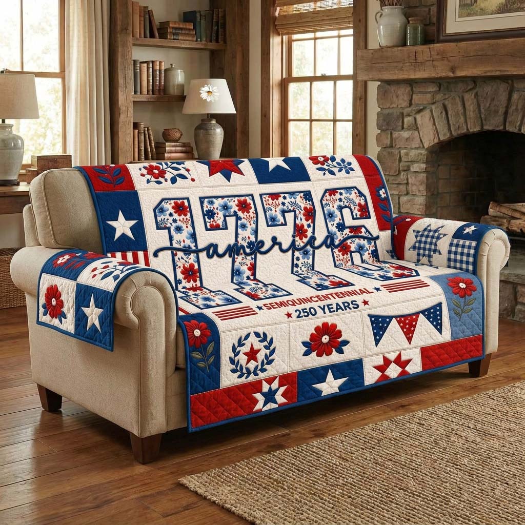 America 1776 Floral Quilted Sofa Cover Patriotic Home Couch Cover Christmas List Last Munite Gift Ideas - Tradiviet