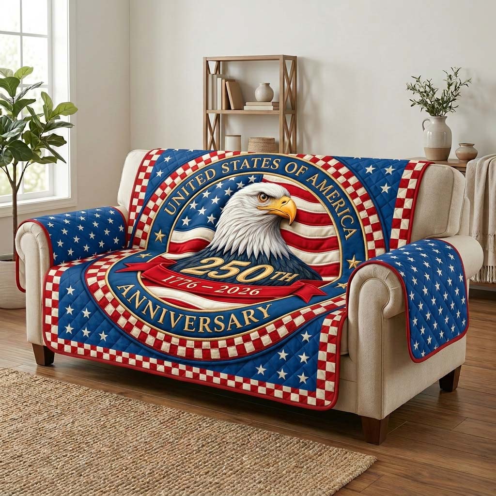 America 250 Eagle Quilted Sofa Cover Patriotic Home Couch Cover Eagle Themed Gifts Chritsmas - Tradiviet