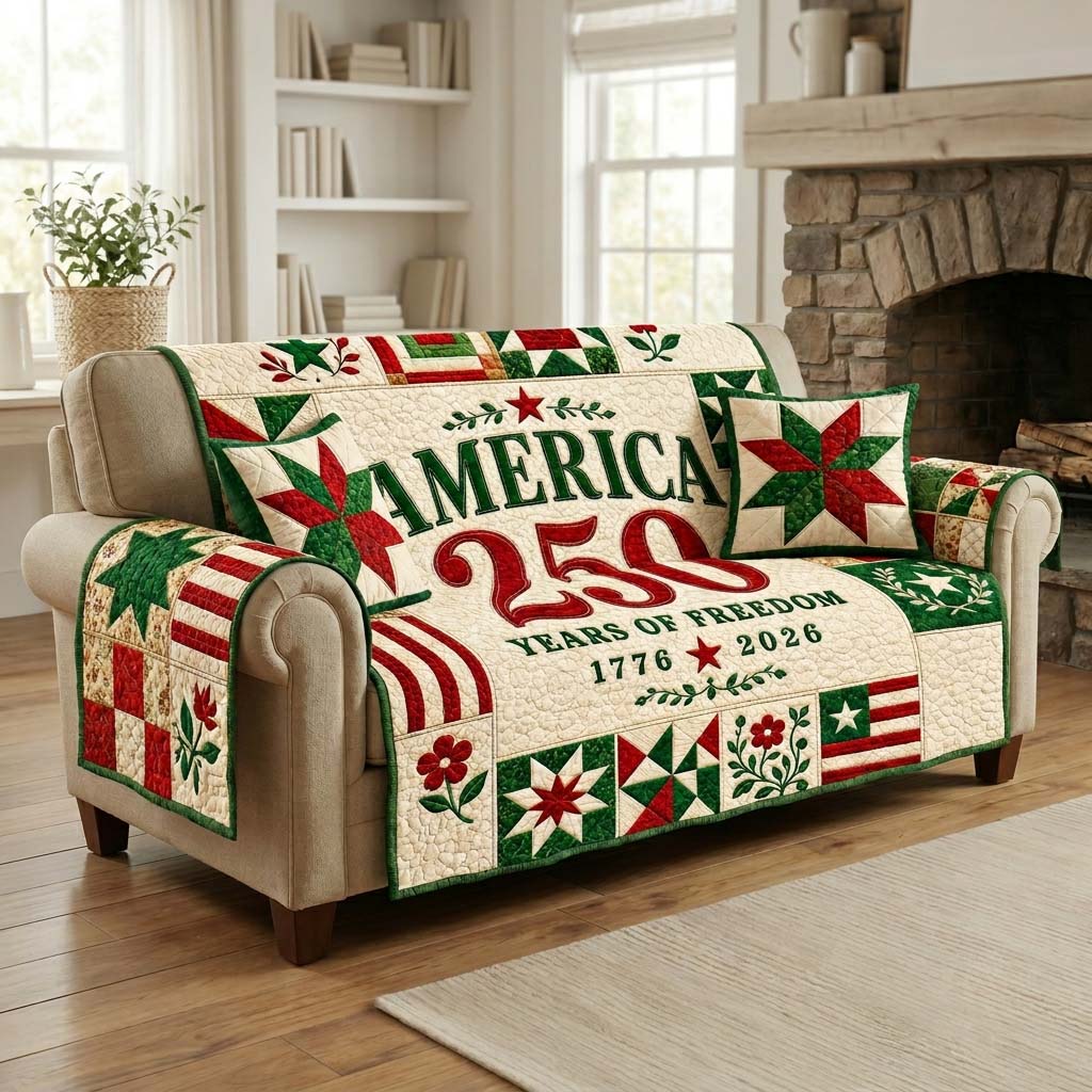 America 250 Floral Quilted Sofa Cover Patriotic Home Couch Cover Patriotic Bald Eagle Gifts - Tradiviet