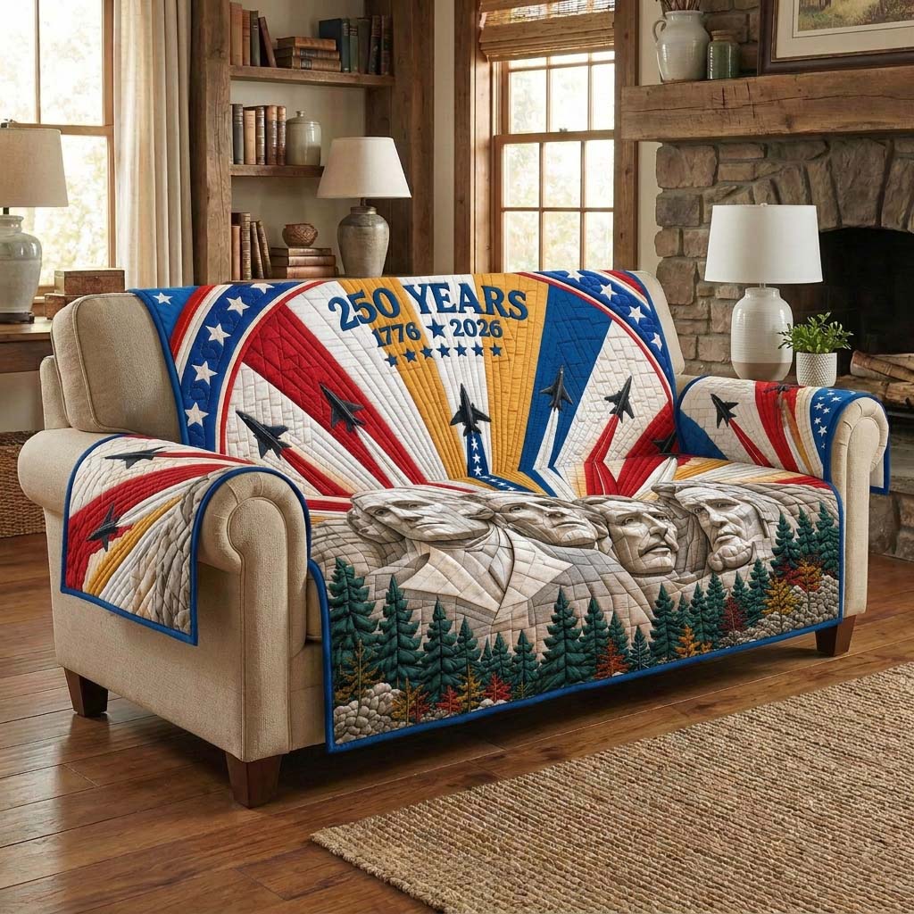 America 250 Rushmore Quilted Sofa Cover Patriotic Home Couch Cover Christmas Bald Eagle Gift Ideas - Tradiviet