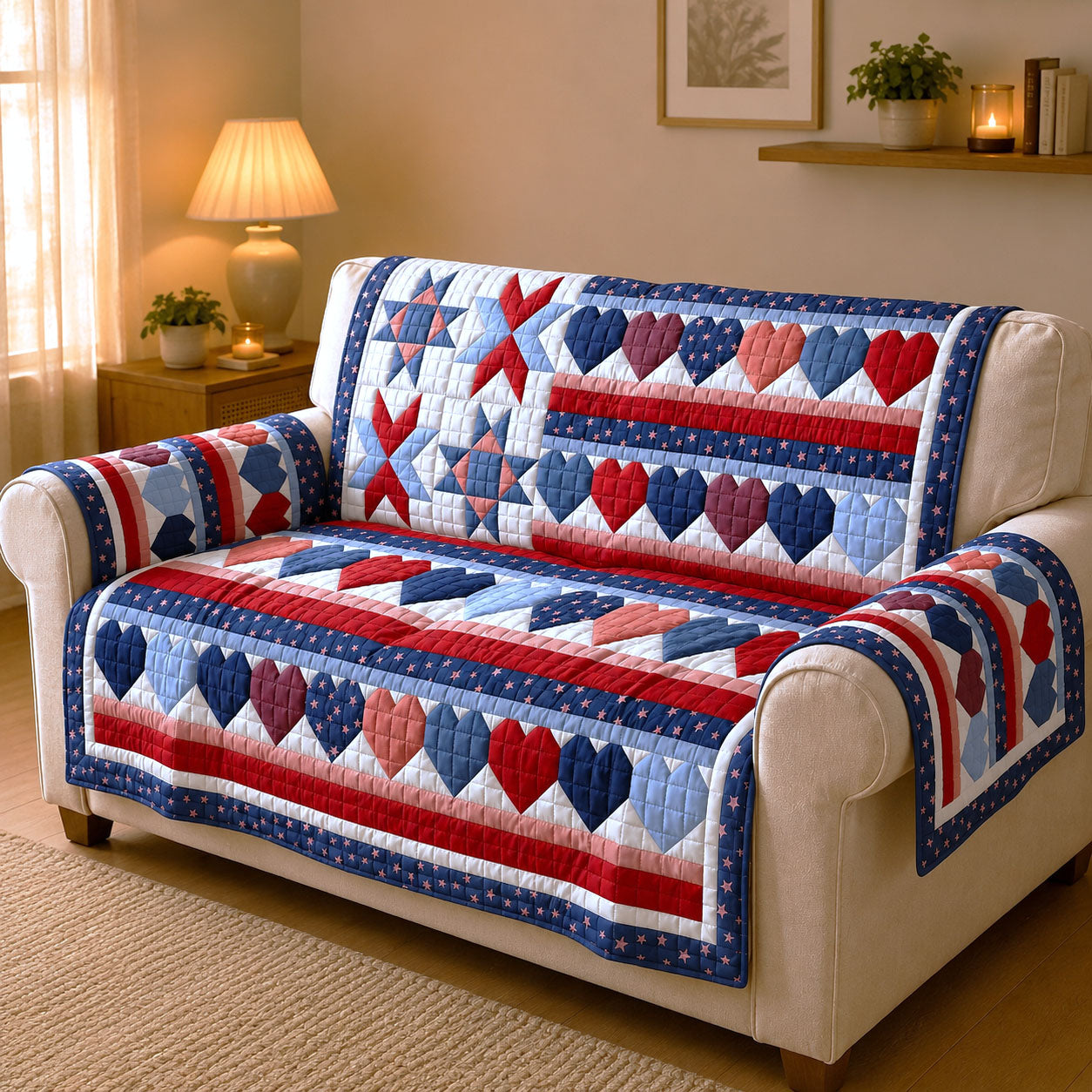 America Heart Quilted Sofa Cover Romantic Home Couch Cover Gifts For Eagle Lovers - Tradiviet