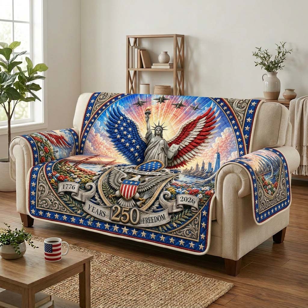 America Liberty Anniversary Quilted Sofa Cover Patriotic Home Couch Cover Gifts For Eagle Lovers Christmas - Tradiviet