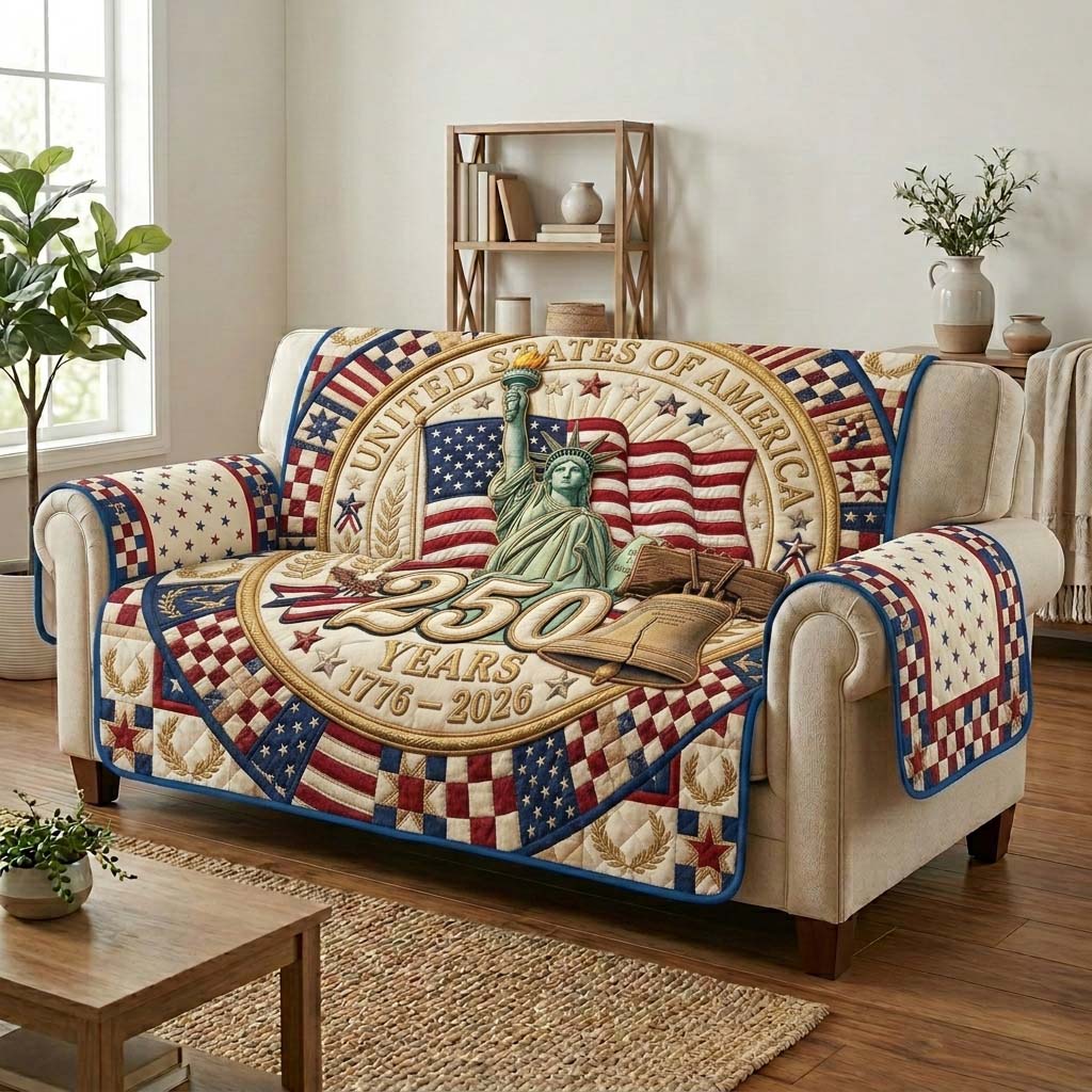 America Liberty Anniversary Quilted Sofa Cover Patriotic Home Couch Cover Patriotic Eagle Gifts For Him - Tradiviet