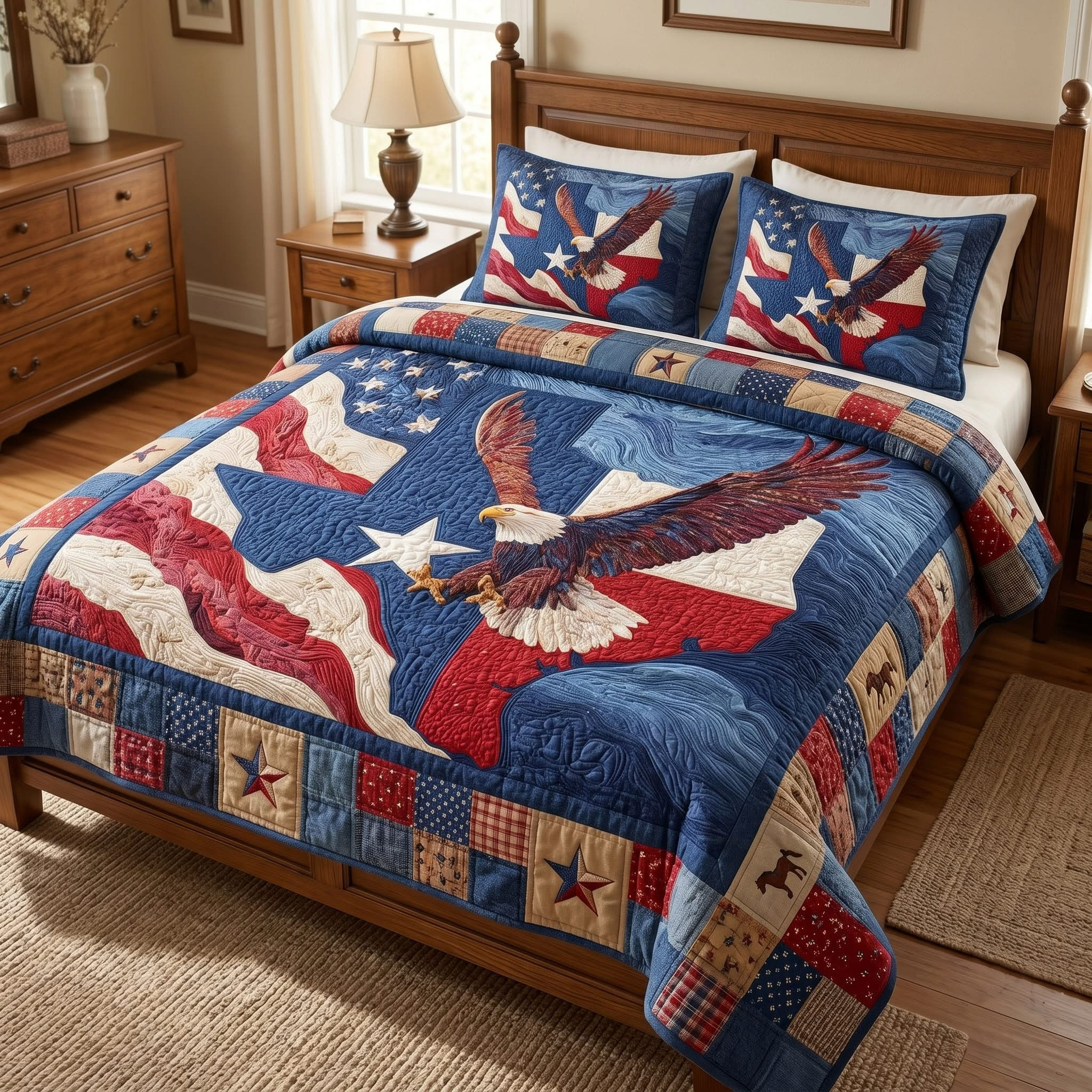 American Eagle Texas Rustic Quilted Bedding Set Patriotic Western Duvet Cover Veteran Gift - Tradiviet