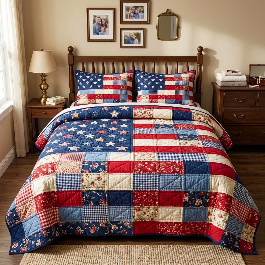 American Patchwork Quilted Bedding Set American Patchwork Theme Gift For American - Tradiviet
