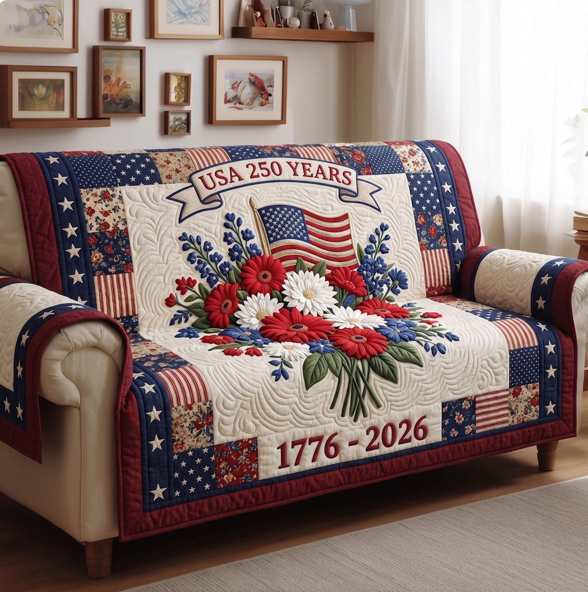 American Pride Quilted Sofa Cover Patriotic Home Couch Cover Home Gift For Him - Tradiviet