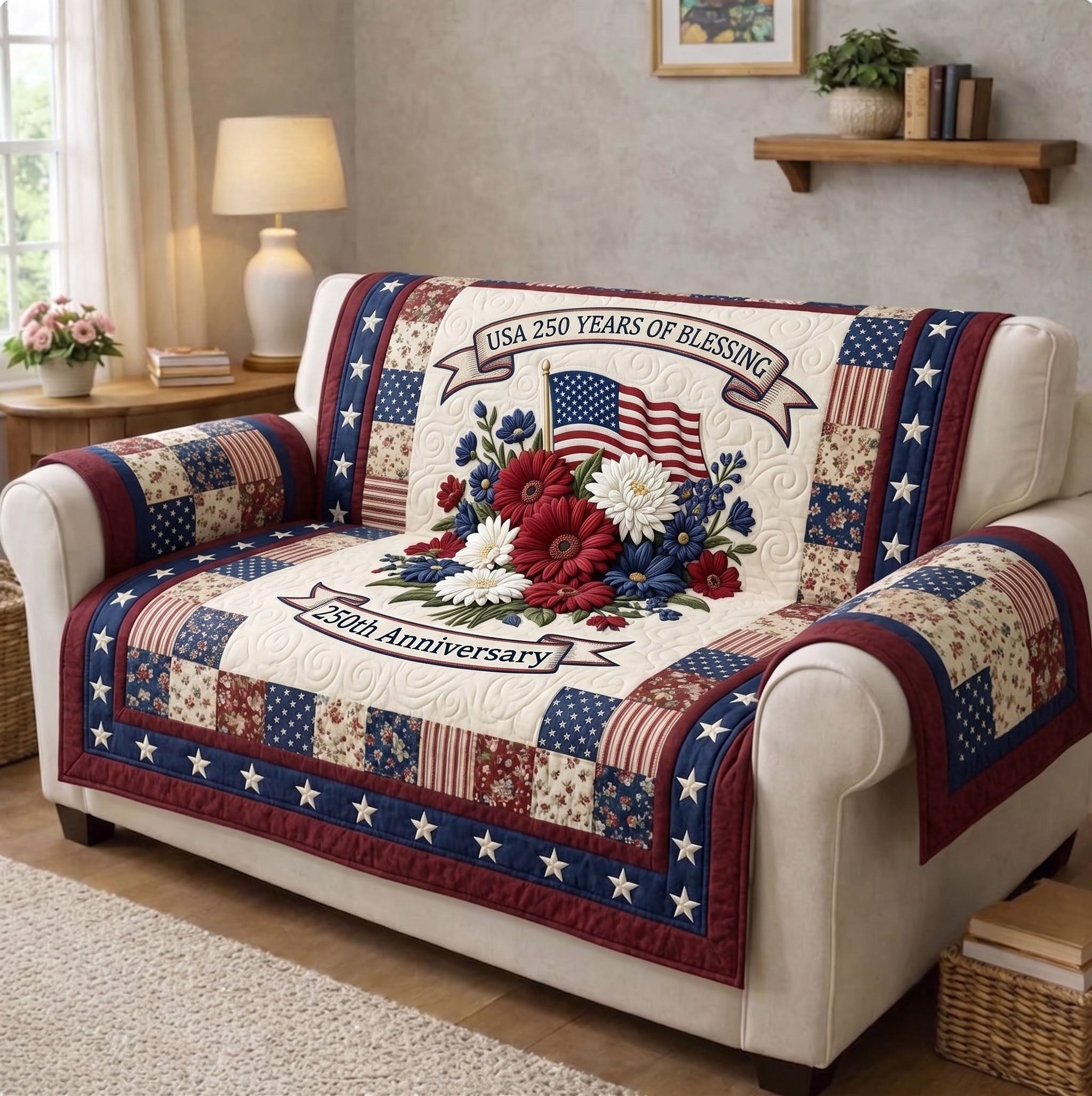American Pride Quilted Sofa Cover Patriotic Home Couch Cover Home Gifts For Him - Tradiviet