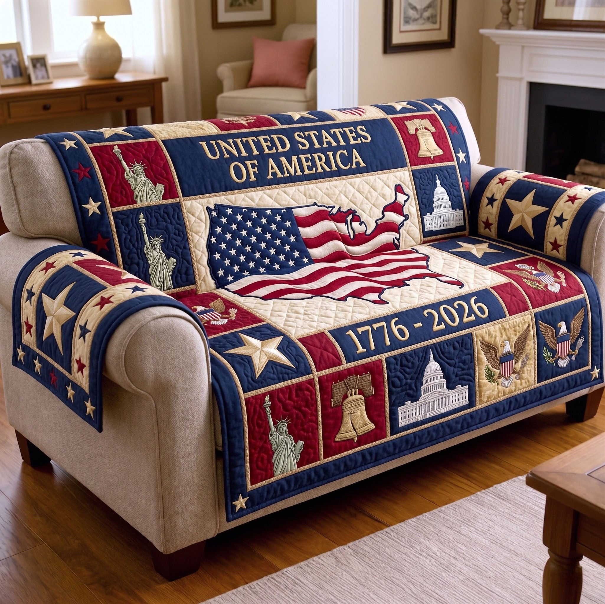 American Pride Quilted Sofa Cover Patriotic Home Couch Cover Room Gift For Him - Tradiviet