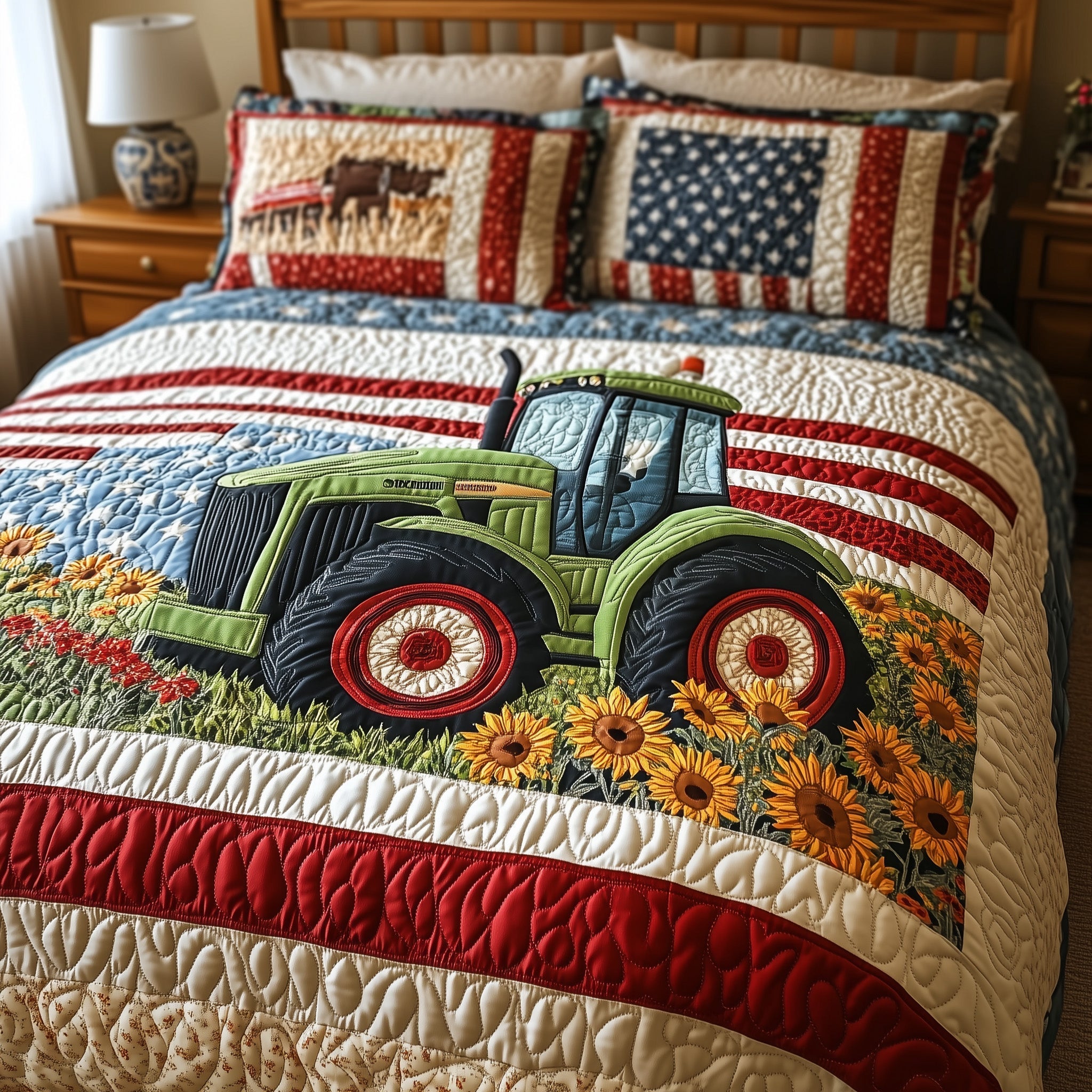 American Tractor Quilted Bedding Set American Tractor Display Gift For American Lovers - Tradiviet