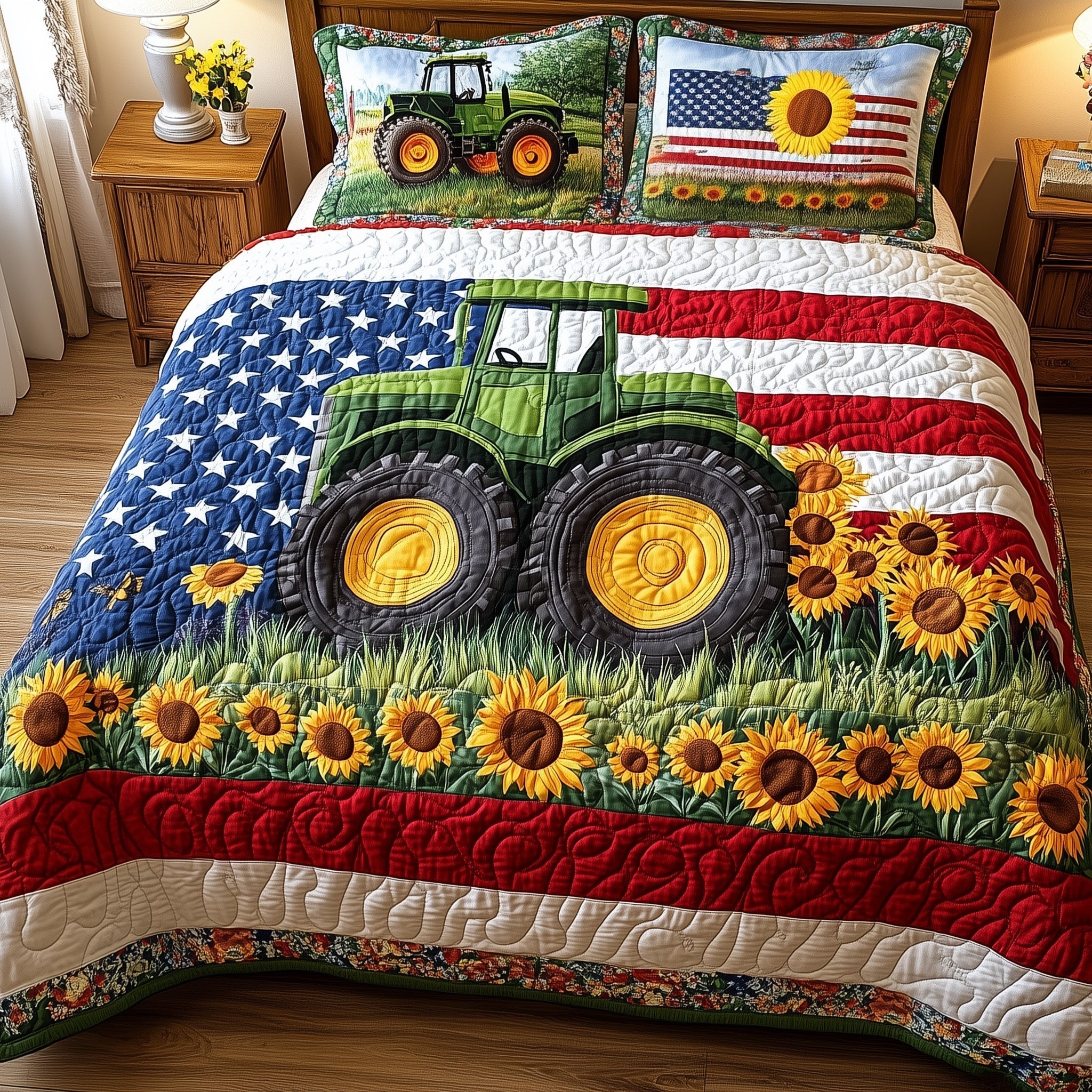 American Tractor Quilted Bedding Set American Tractor Idea Gift For American Fans - Tradiviet