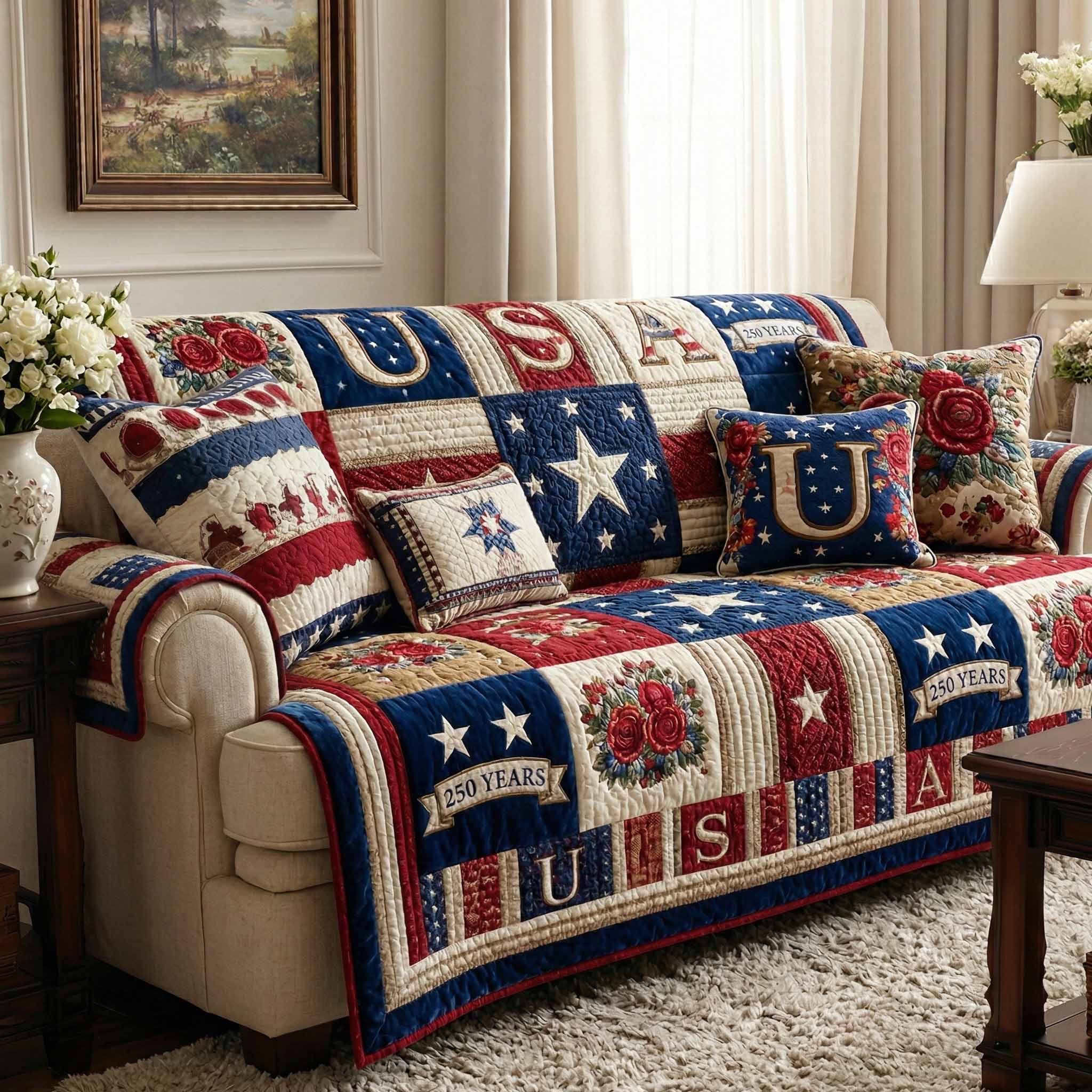 Americana Patch Quilted Sofa Cover Cute Room Decor Cool Room Decor Gifts - Tradiviet