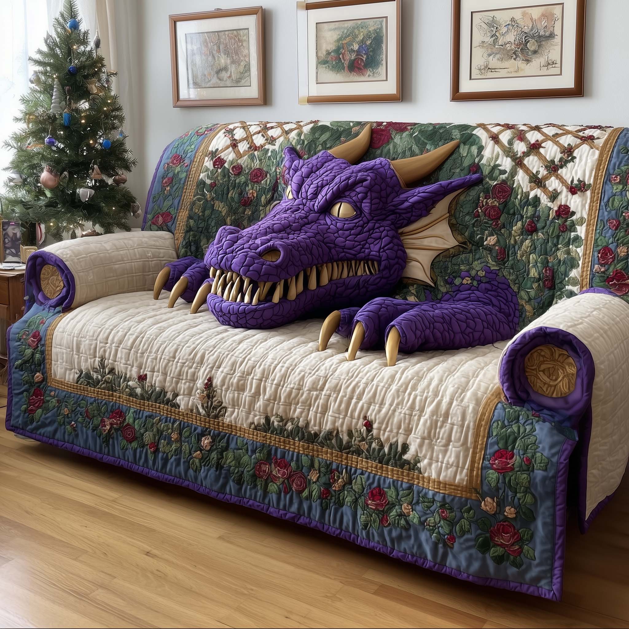 Amethyst Dragon Quilted Sofa Cover Fantasy Home Couch Cover Home Gift For Her - Tradiviet