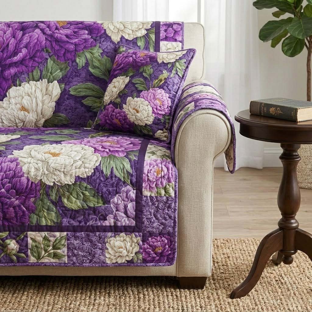 Amethyst Peony Bloom Quilted Sofa Cover Unique Home Room Decor Interior Design Gift Ideas - Tradiviet