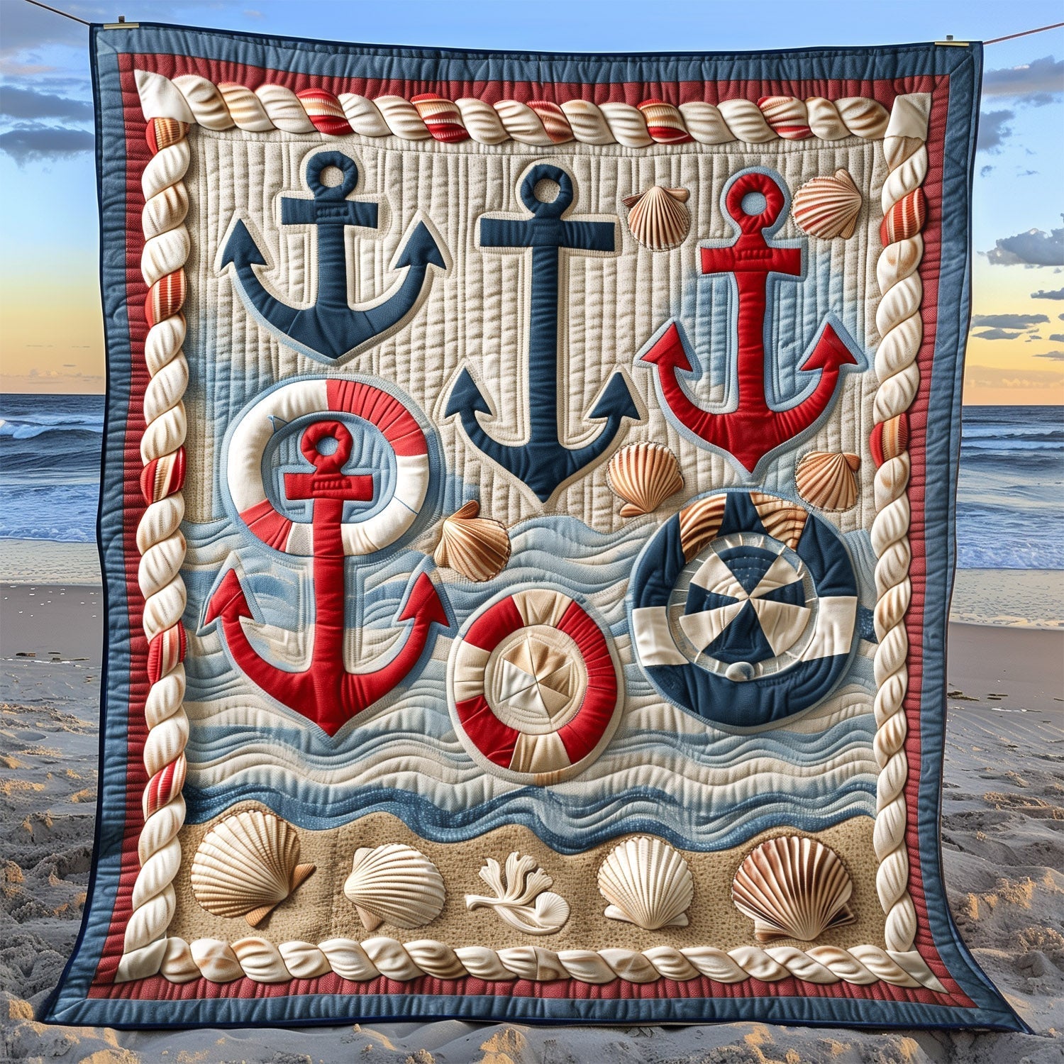 Anchor And Lifebuoy Quilted Blanket Home Good Decoration Gift For Grandma - Tradiviet