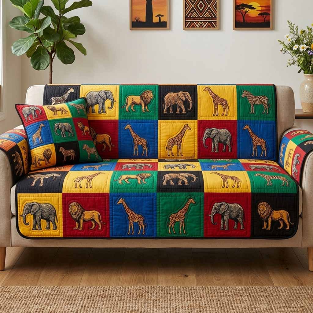 Animal Blocks Quilted Sofa Cover Rustic Home Room Decor Gift For Room Decor - Tradiviet