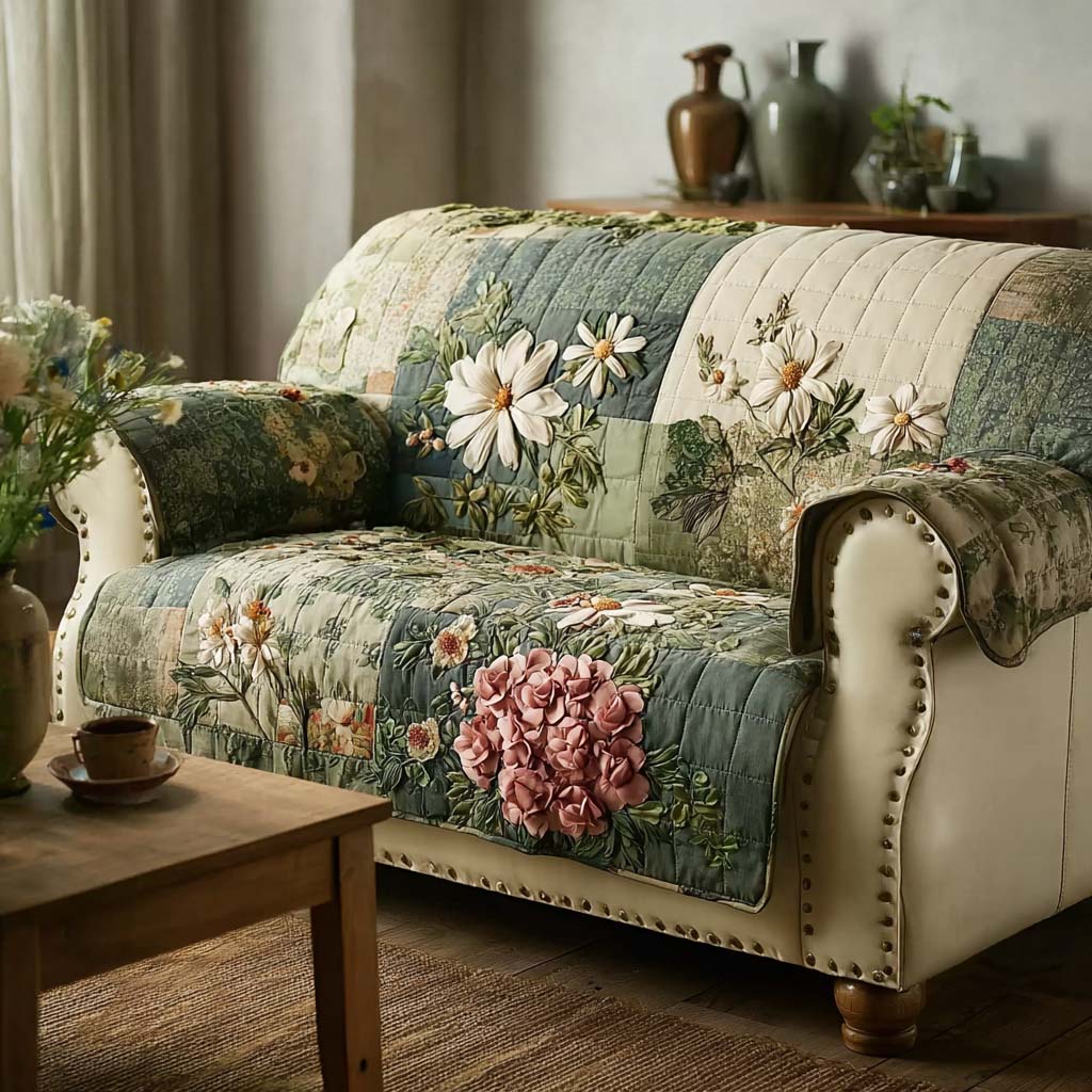 Antique Flower Meadow Quilted Sofa Cover Unique Home Room Decor House Lover Gift Ideas - Tradiviet