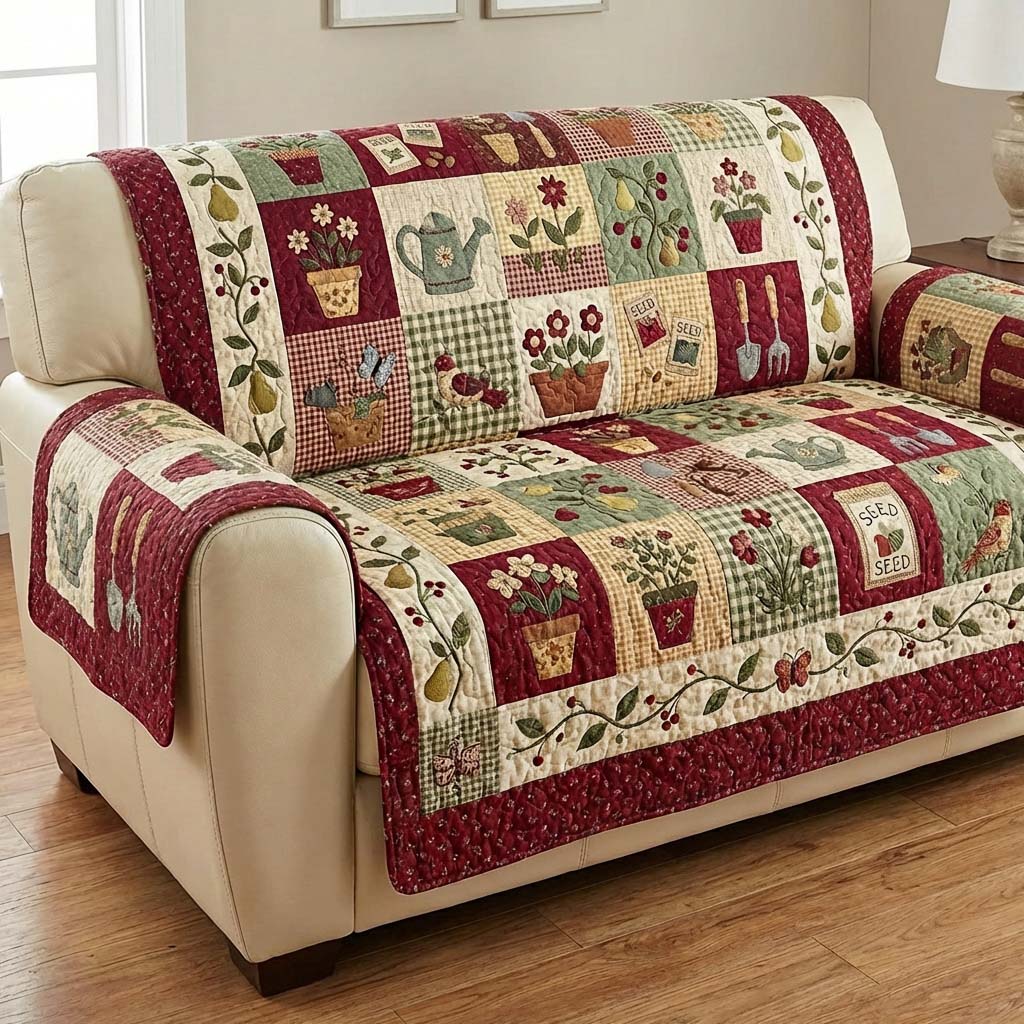 Antique Gardening Quilted Sofa Cover Cozy Room Decor Present For New Home - Tradiviet