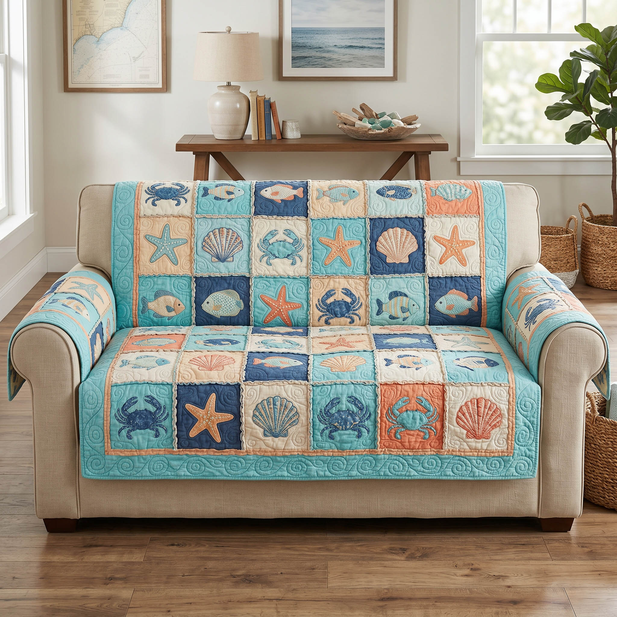 Aqua Harbor Quilted Sofa Cover Farmhouse Room Decor Perfect Housewarming Gift Ideas - Tradiviet