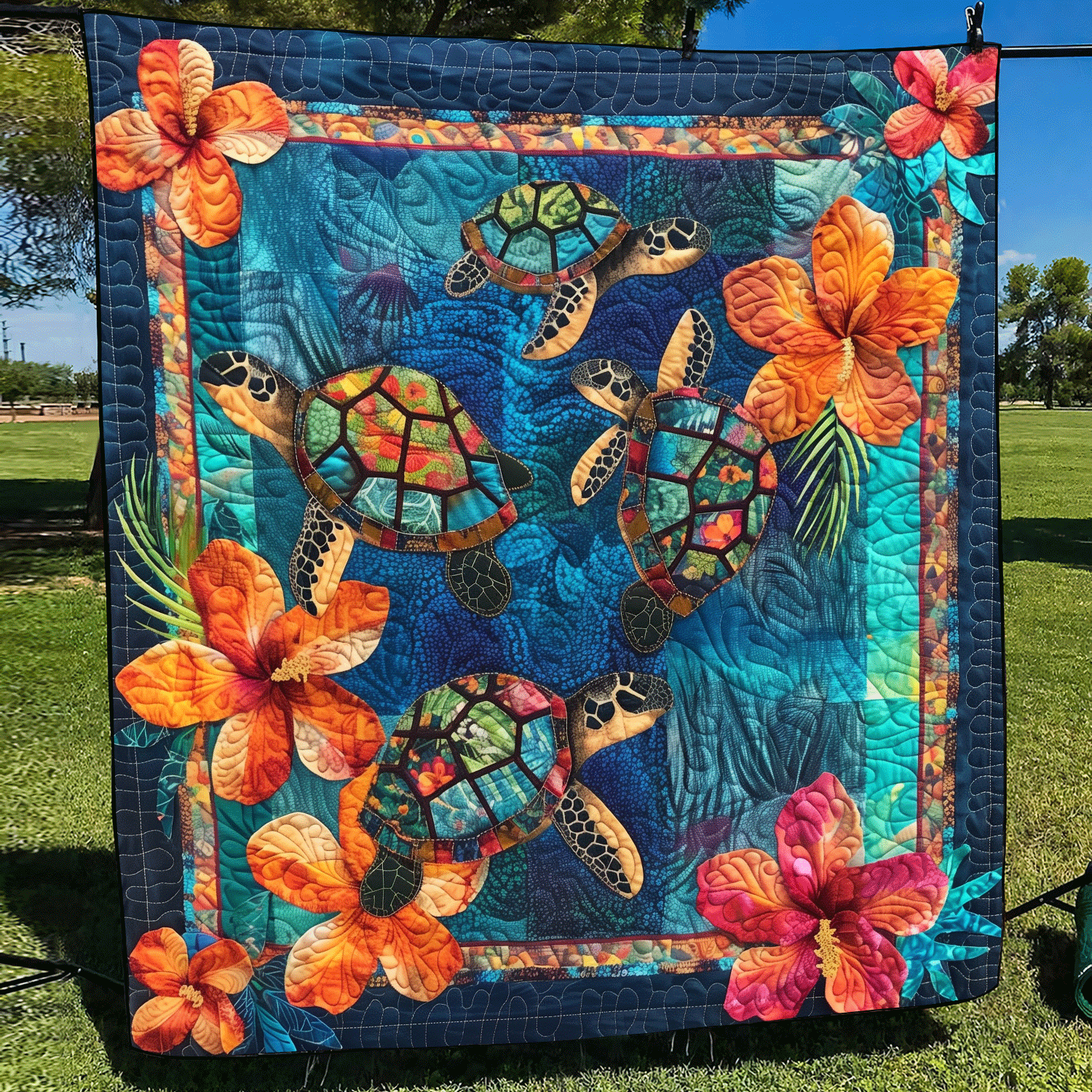 Aqua Turtle Quilted Blanket USA 250 Years Of Defending Liberty Gift For Family Decor - Tradiviet