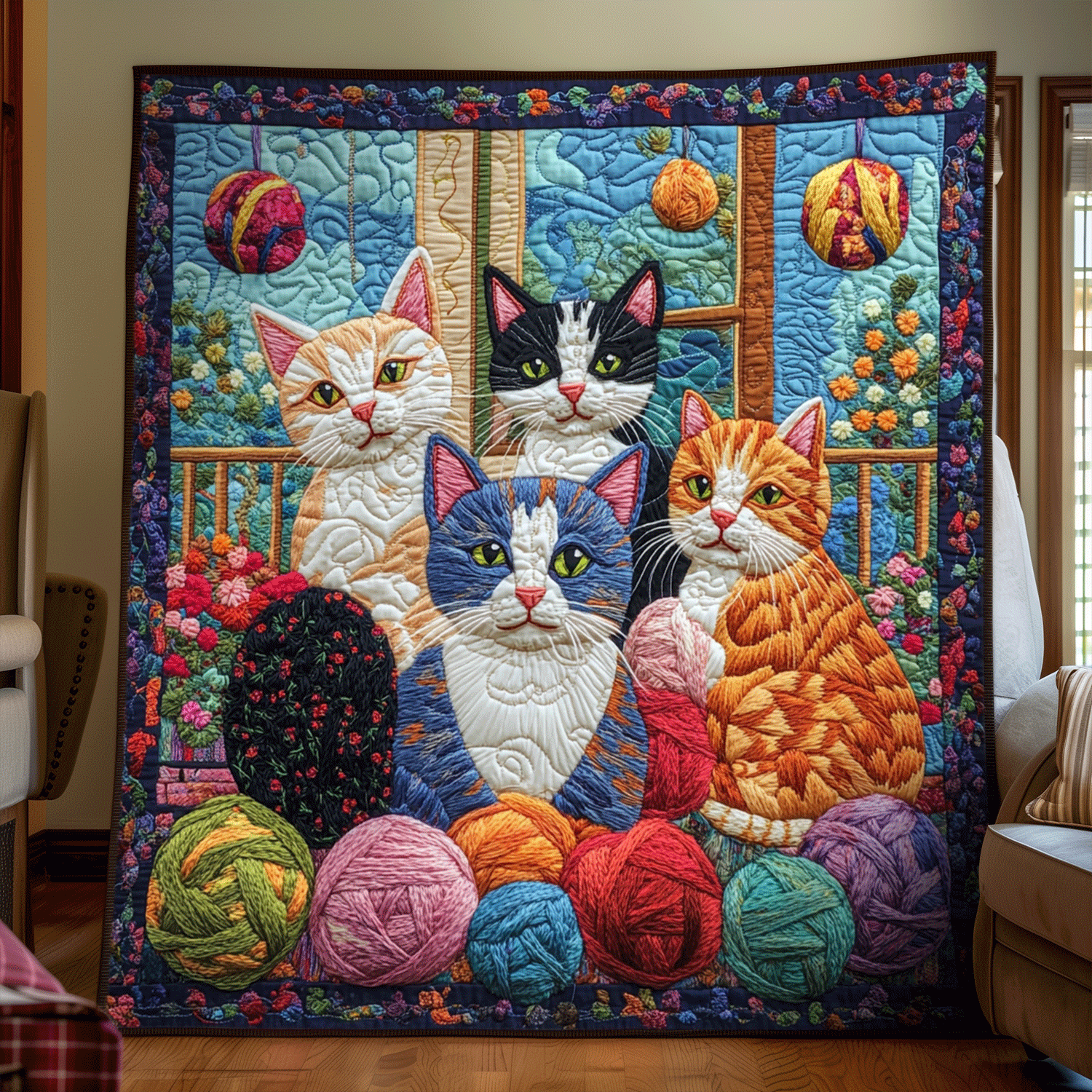 Artistic Cat-Themed Quilted Blanket Holiday Home Decor Patriotic Themed Gifts - Tradiviet