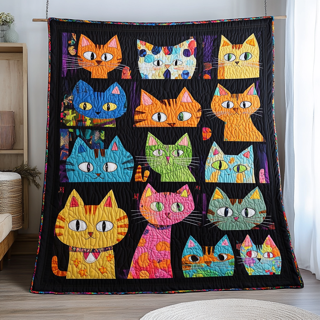 Artistic Cat-Themed Quilted Blanket Indoor Decorations Patriotic Presents - Tradiviet