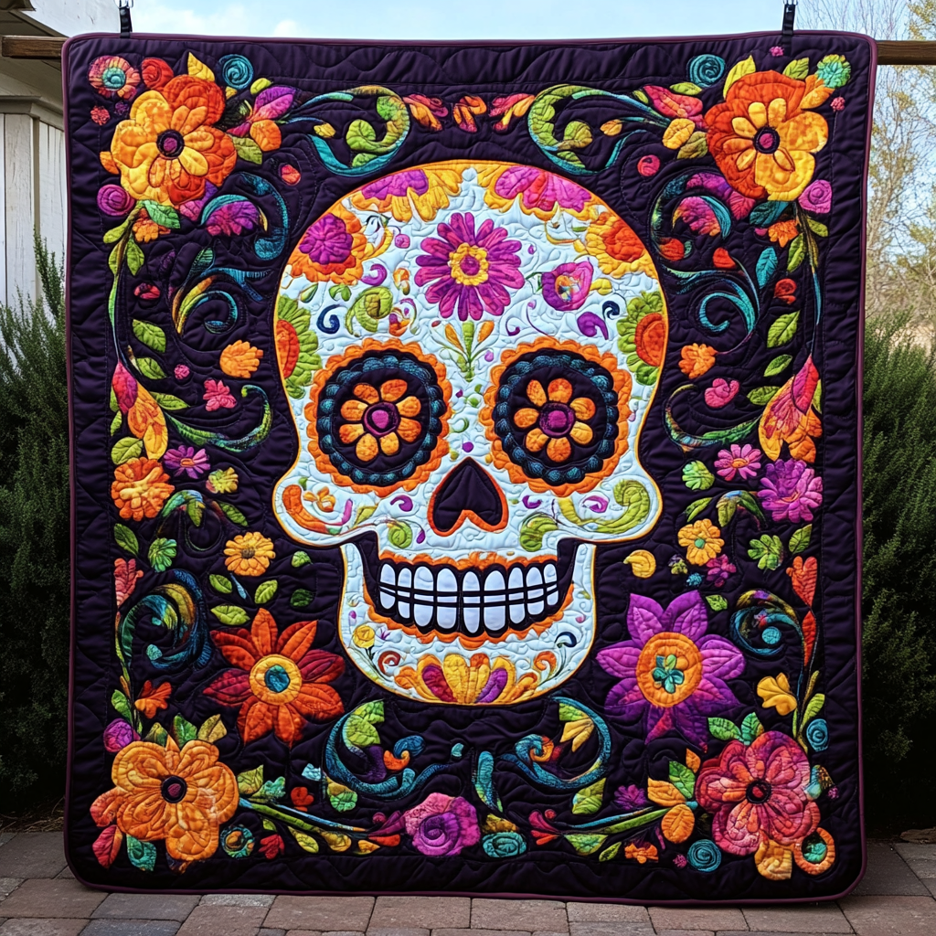 Artistic Sugar Skull Quilted Blanket Mens Bedroom Decor Gift For Papa - Tradiviet