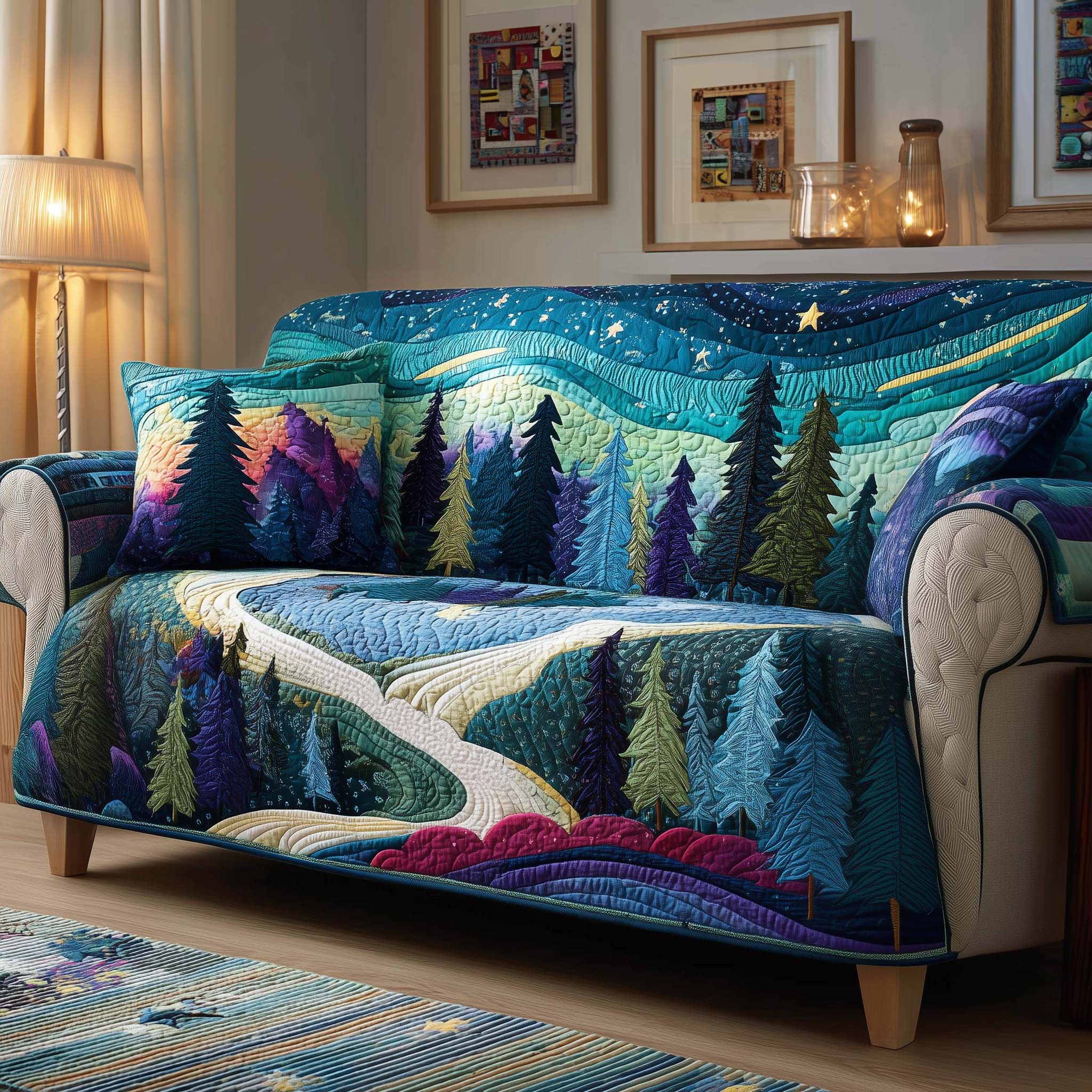 Aurora Forest Quilted Sofa Cover Forest Home Couch Cover Present For House Lovers - Tradiviet