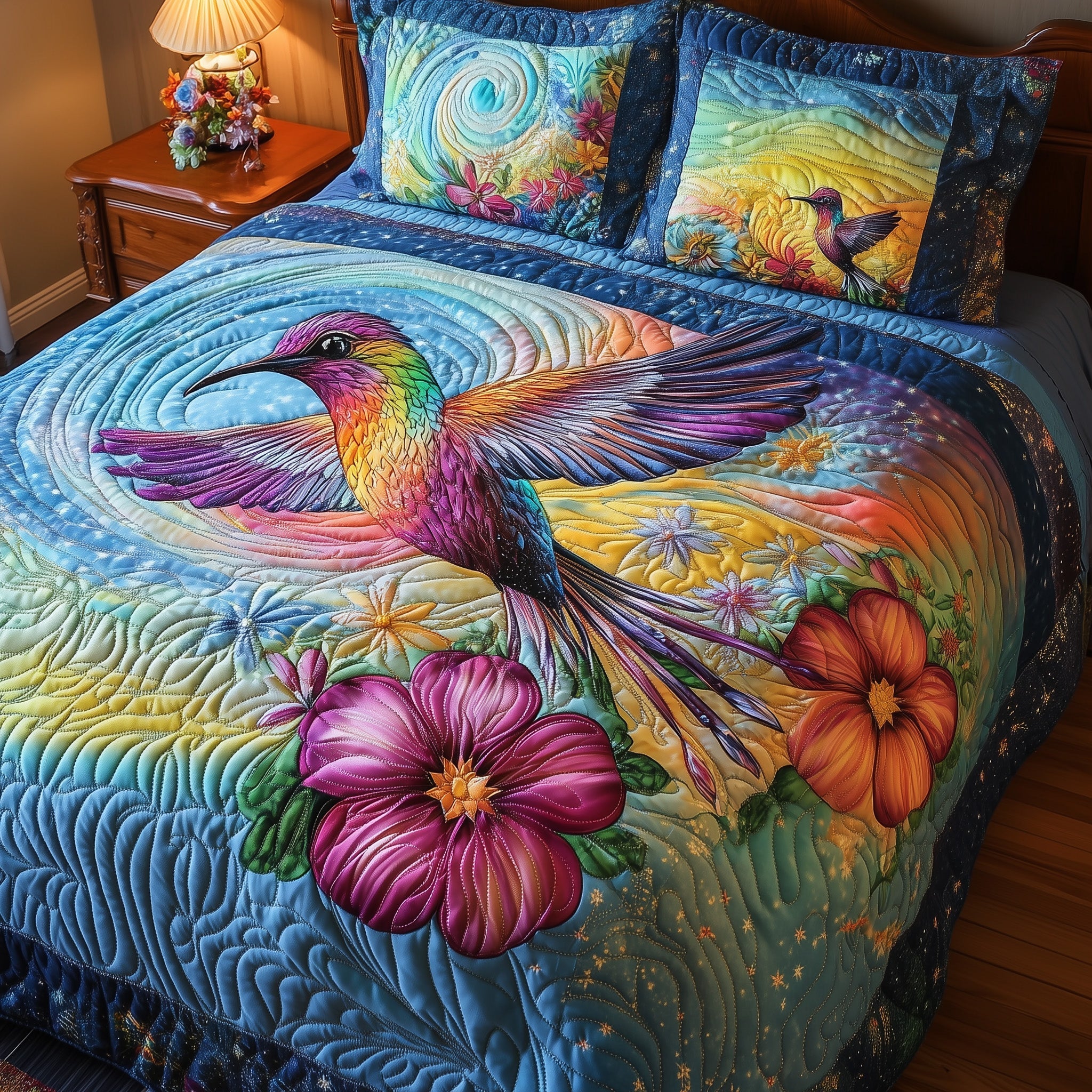 Aurora Hummingbird Quilted Bedding Set Aurora Hummingbird Composition Bird Watcher Gear - Tradiviet
