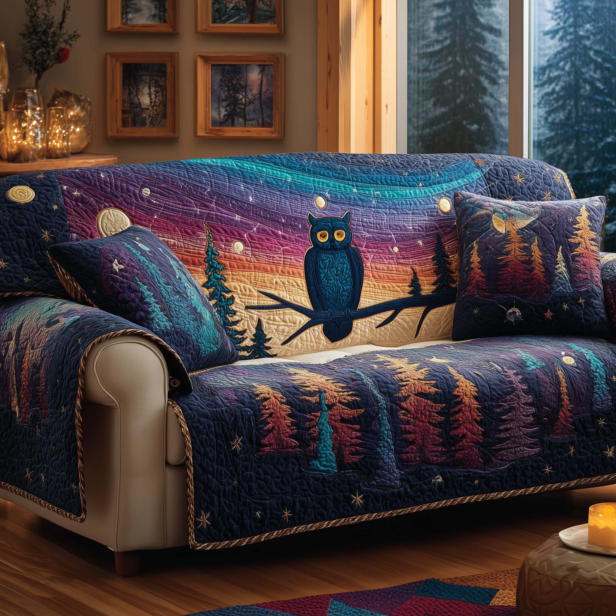 Aurora Owl Quilted Sofa Cover Bird Home Couch Cover New Home Gift Ideas - Tradiviet
