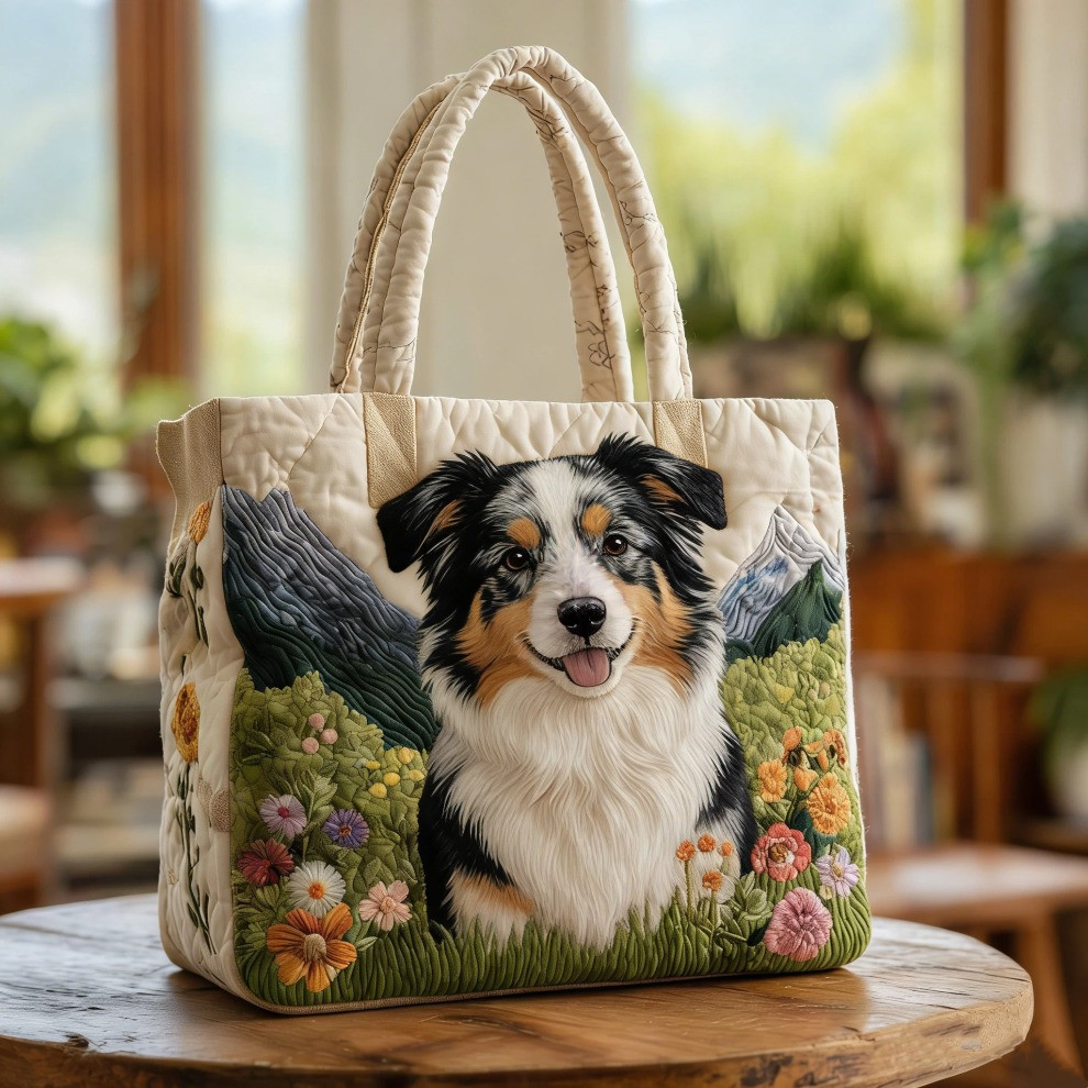 Australian Shepherd Quilted Tote Bag Cute Animal Floral Bag Presents For Dog Lovers - Tradiviet