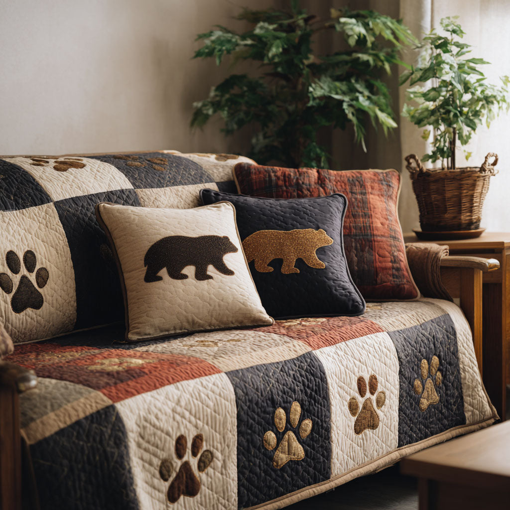 Autumn Bear Quilted Sofa Cover Soft Home Room Decor Black Bear Decor Accents - Tradiviet