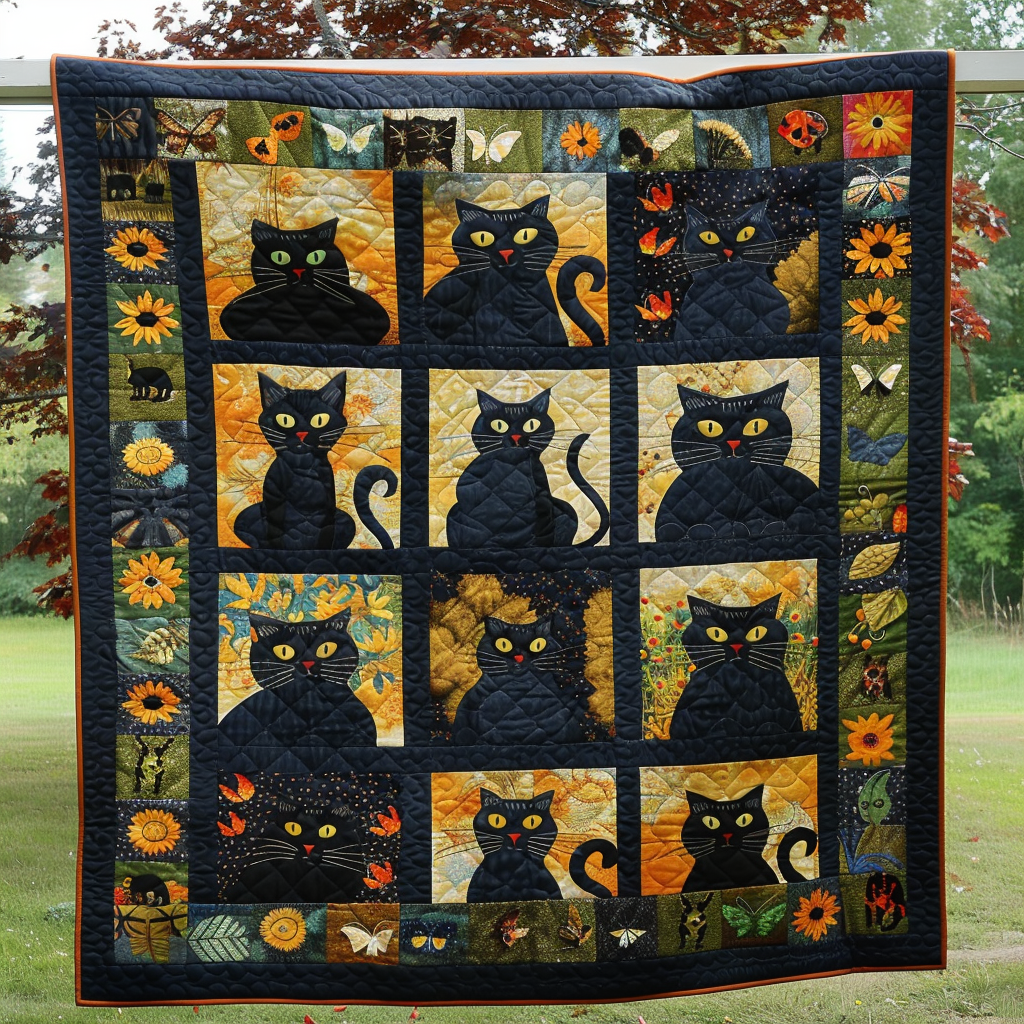 Autumn Black Cats Quilted Blanket America's Birthday Gift For Bedroom Decor - Tradiviet