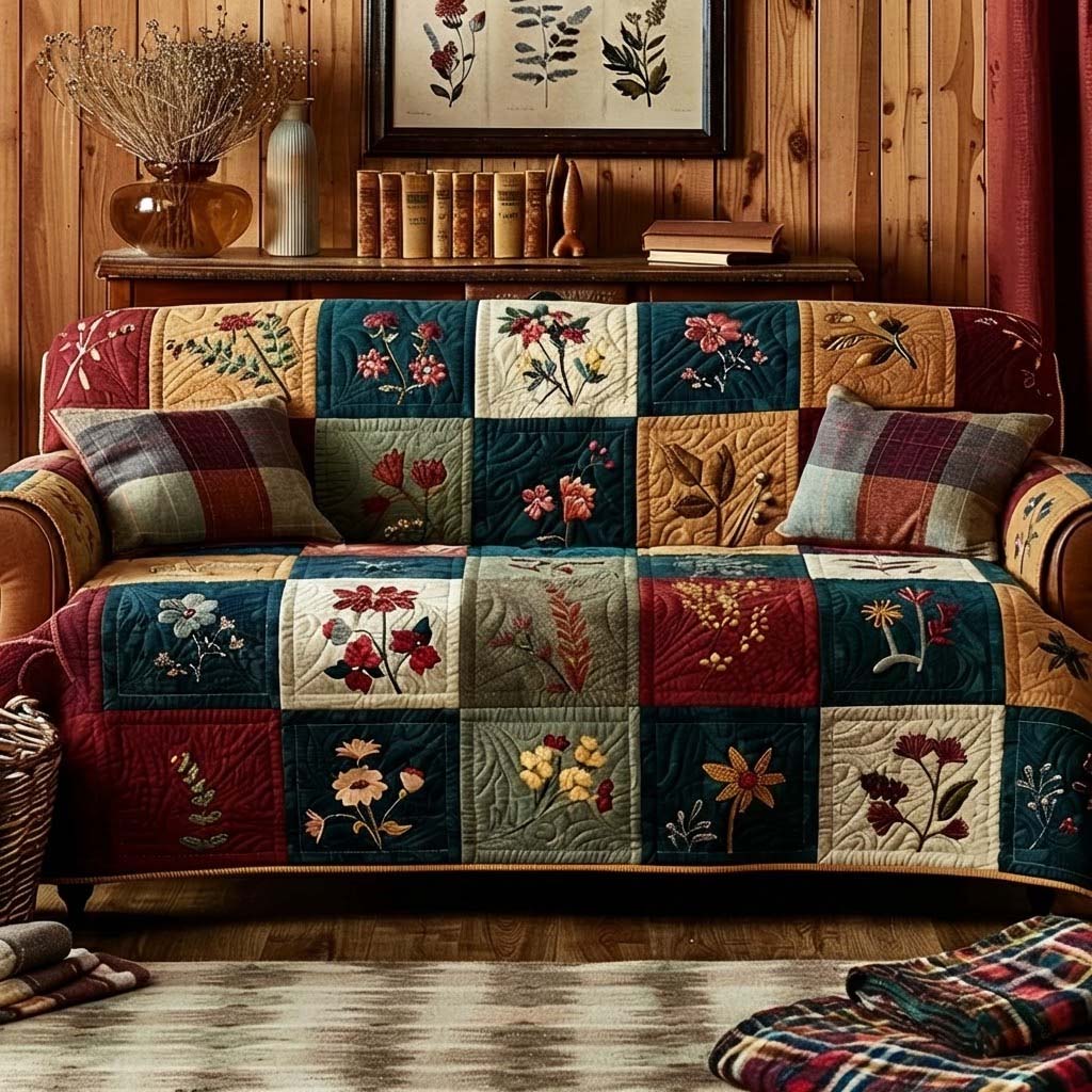 Autumn Blossom Patchwork Quilted Sofa Cover Neutral Room Decor Gifts For New Homes - Tradiviet